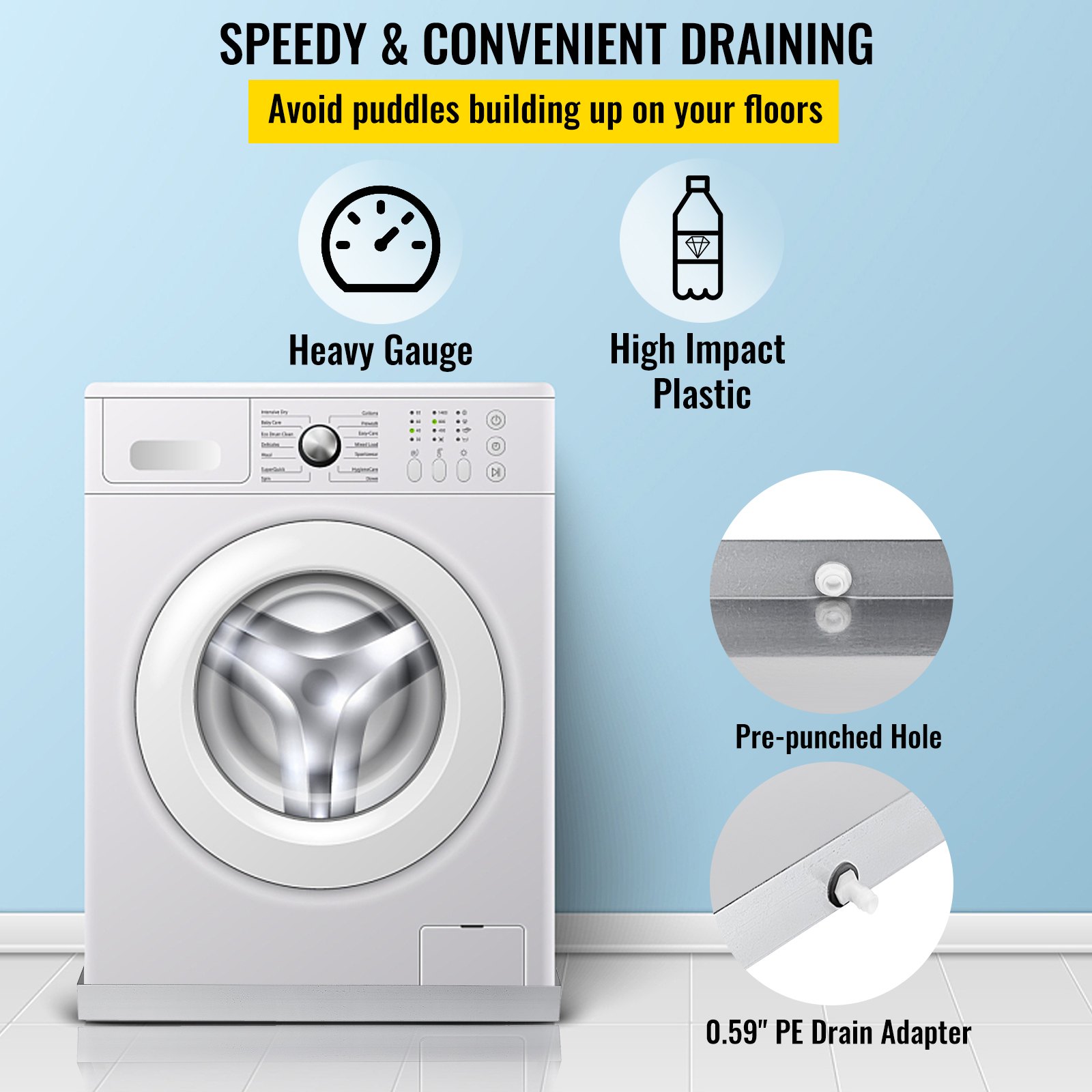 VEVOR washing machine pan, heavy gauge, high impact plastic, pre-punched hole, drain adapter.