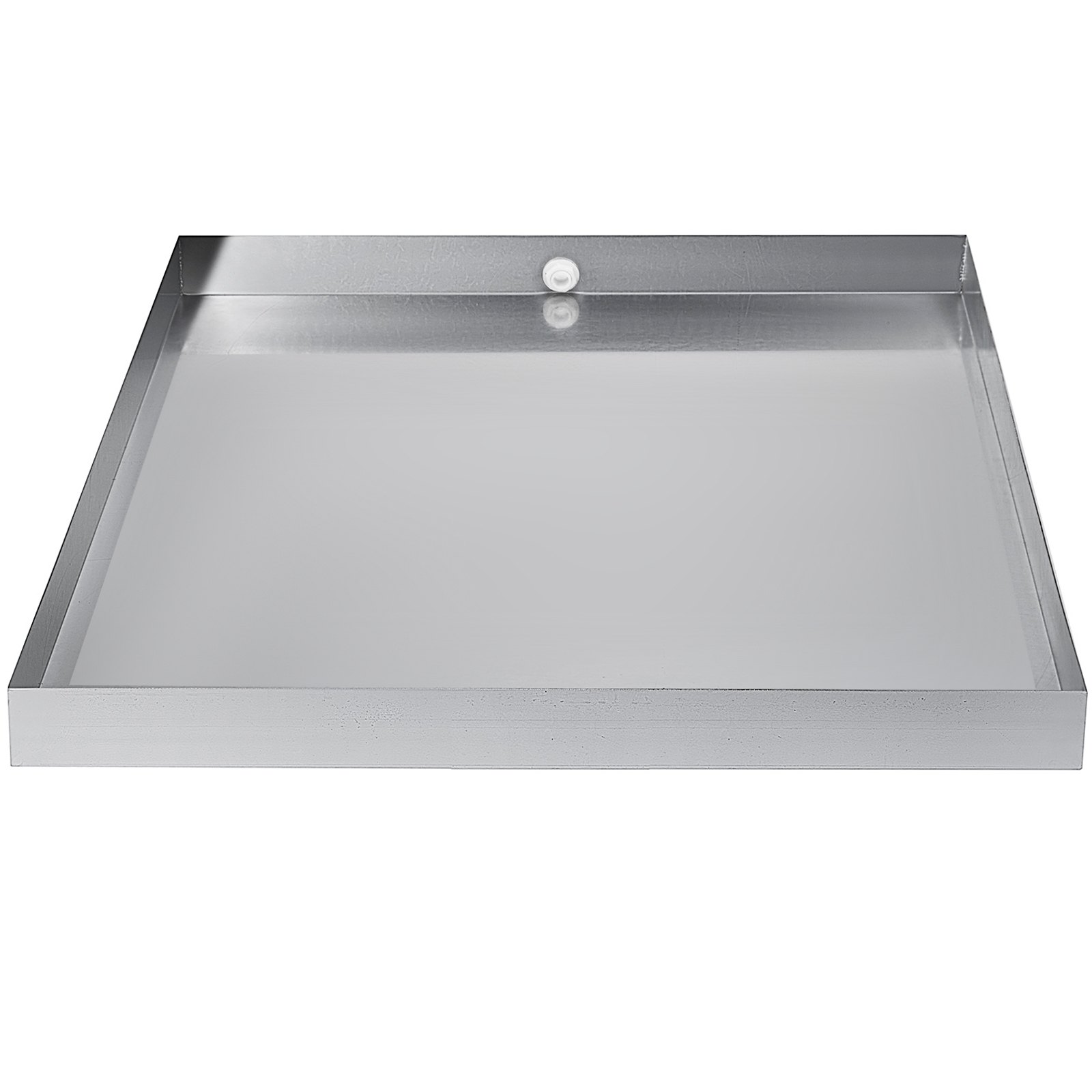 VEVOR washing machine pan with raised edges and drain hole, in stainless steel finish.