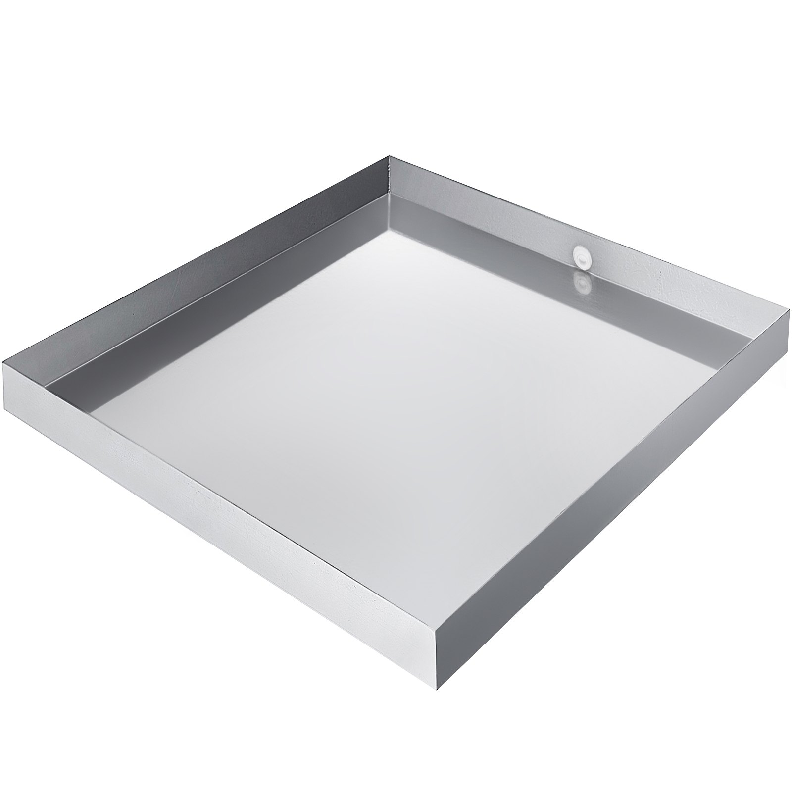 stainless steel VEVOR washing machine pan with raised edges and drain hole.