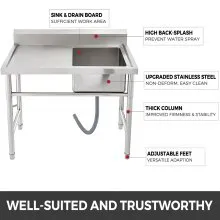 VEVOR Stainless Steel Kitchen Sink Handmade Sink 1 Compartment with Left Hand Platform Utility Sink Catering Sink Unit for Bar Kitchen Restaurant