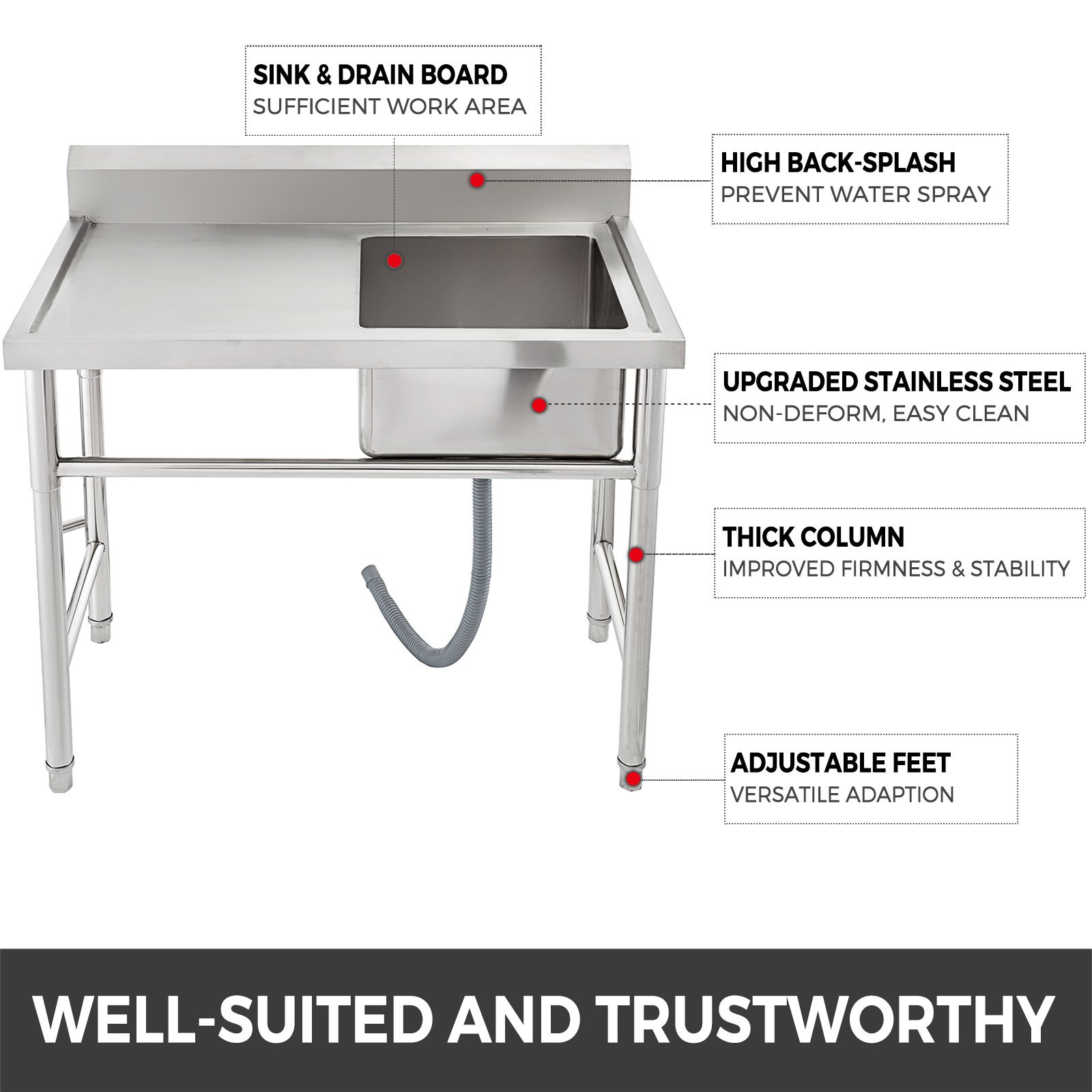 VEVOR Stainless Steel Kitchen Sink Handmade Sink 1 Compartment with Left Hand Platform Utility Sink Catering Sink Unit for Bar Kitchen Restaurant