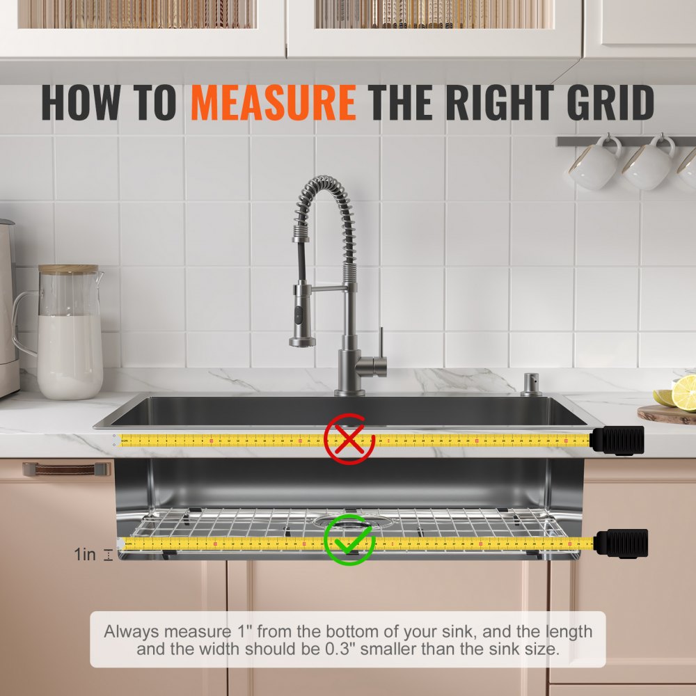 how to measure VEVOR sink protector grid with tape measure, sink, kitchen background.