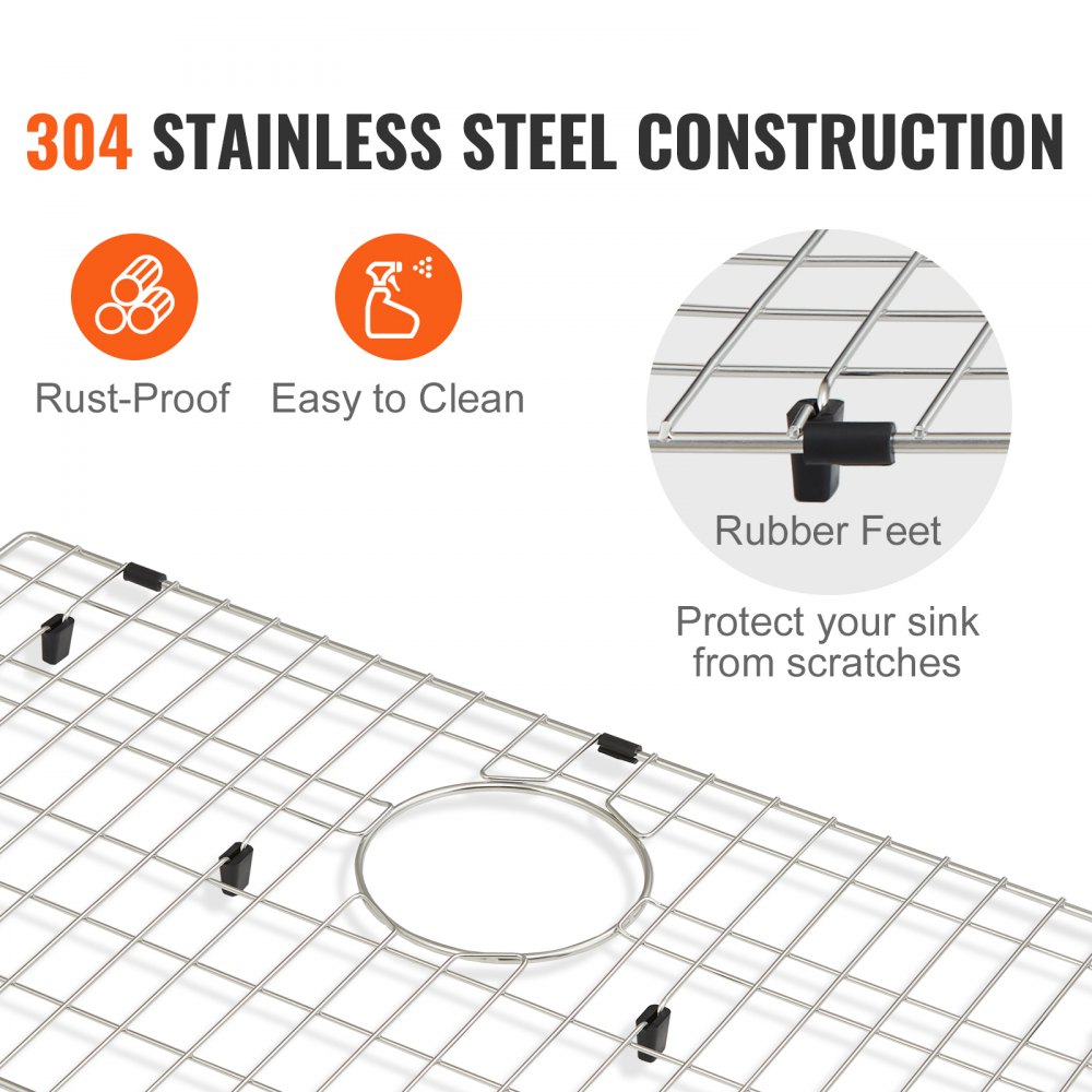 VEVOR sink protector grid made of 304 stainless steel, rust-proof, easy to clean, with rubber feet.
