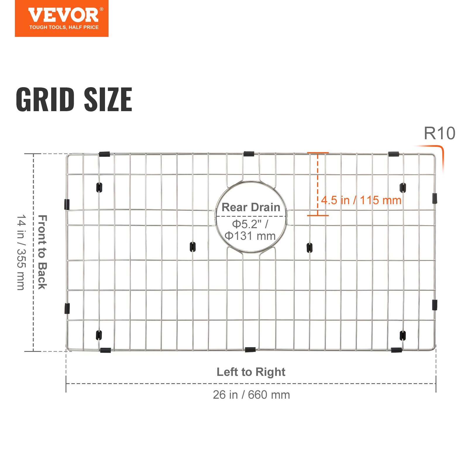 VEVOR sink protector grid with 26 in x 14 in dimensions and rear drain opening, r10 corners.