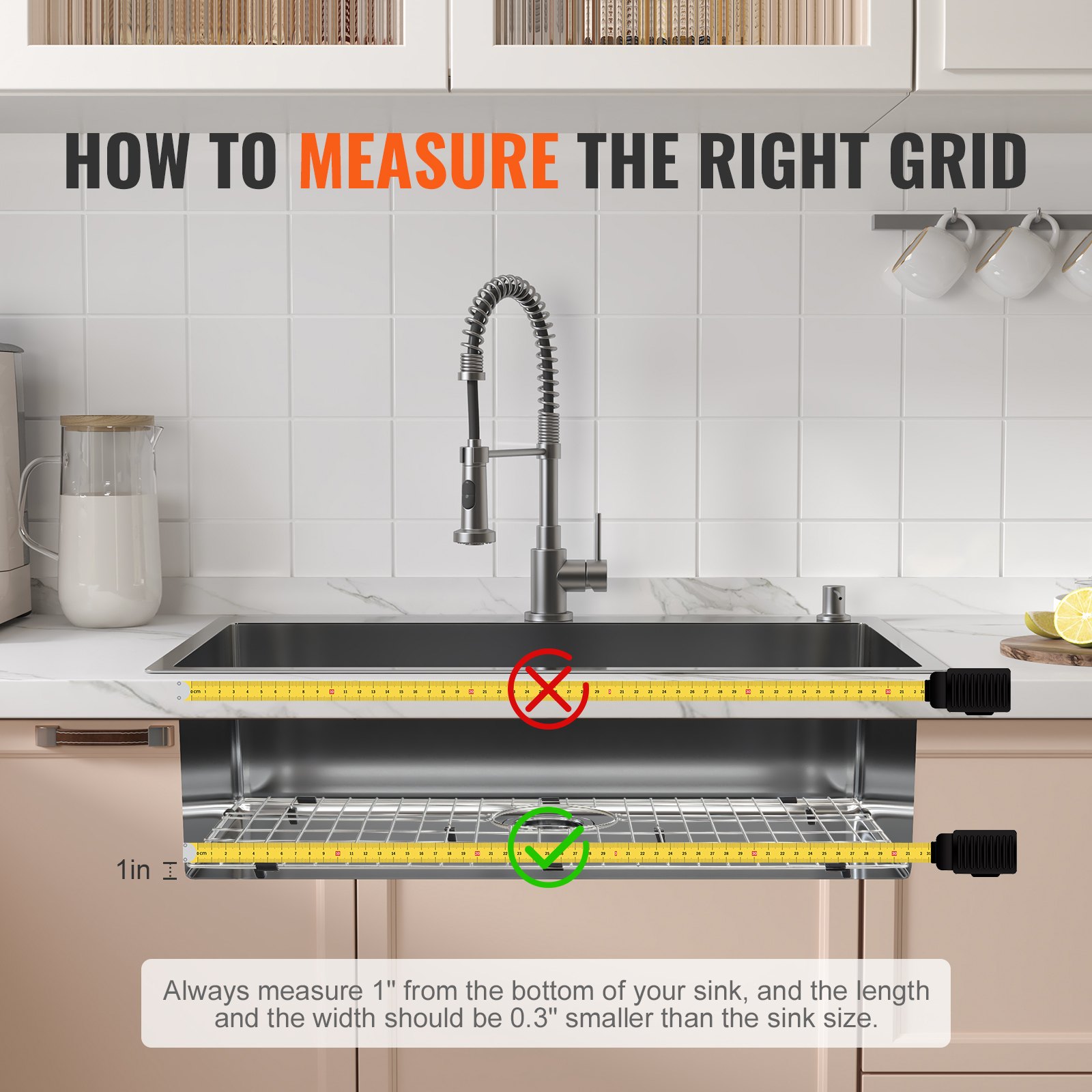 how to measure VEVOR sink protector grid with tape measure, sink, kitchen background.