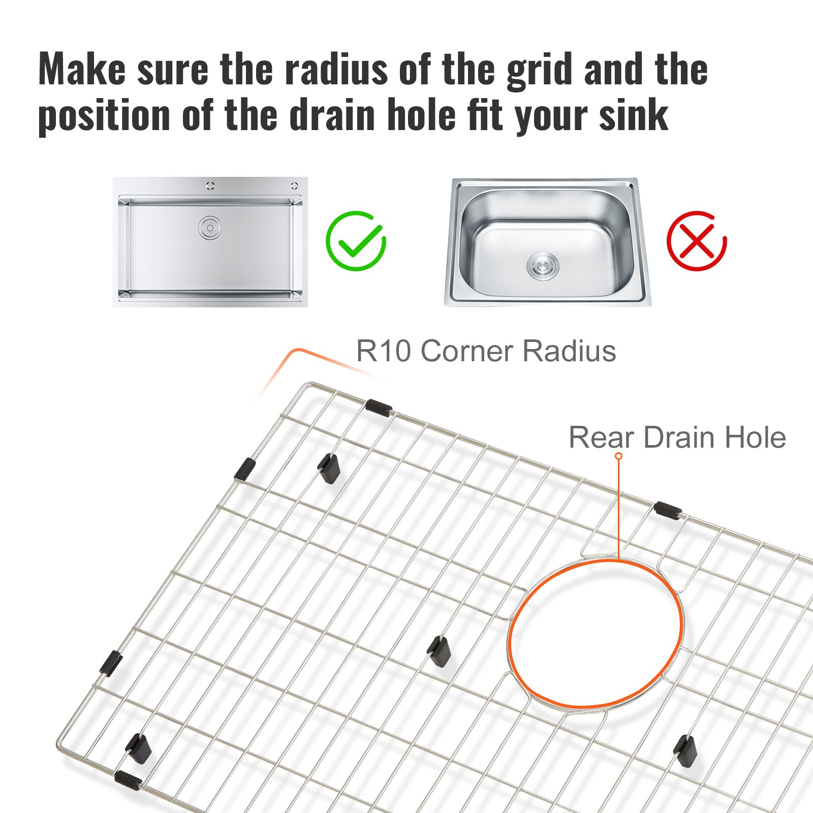 VEVOR sink protector grid with r10 corner radius and rear drain hole, emphasizing correct sink fit.