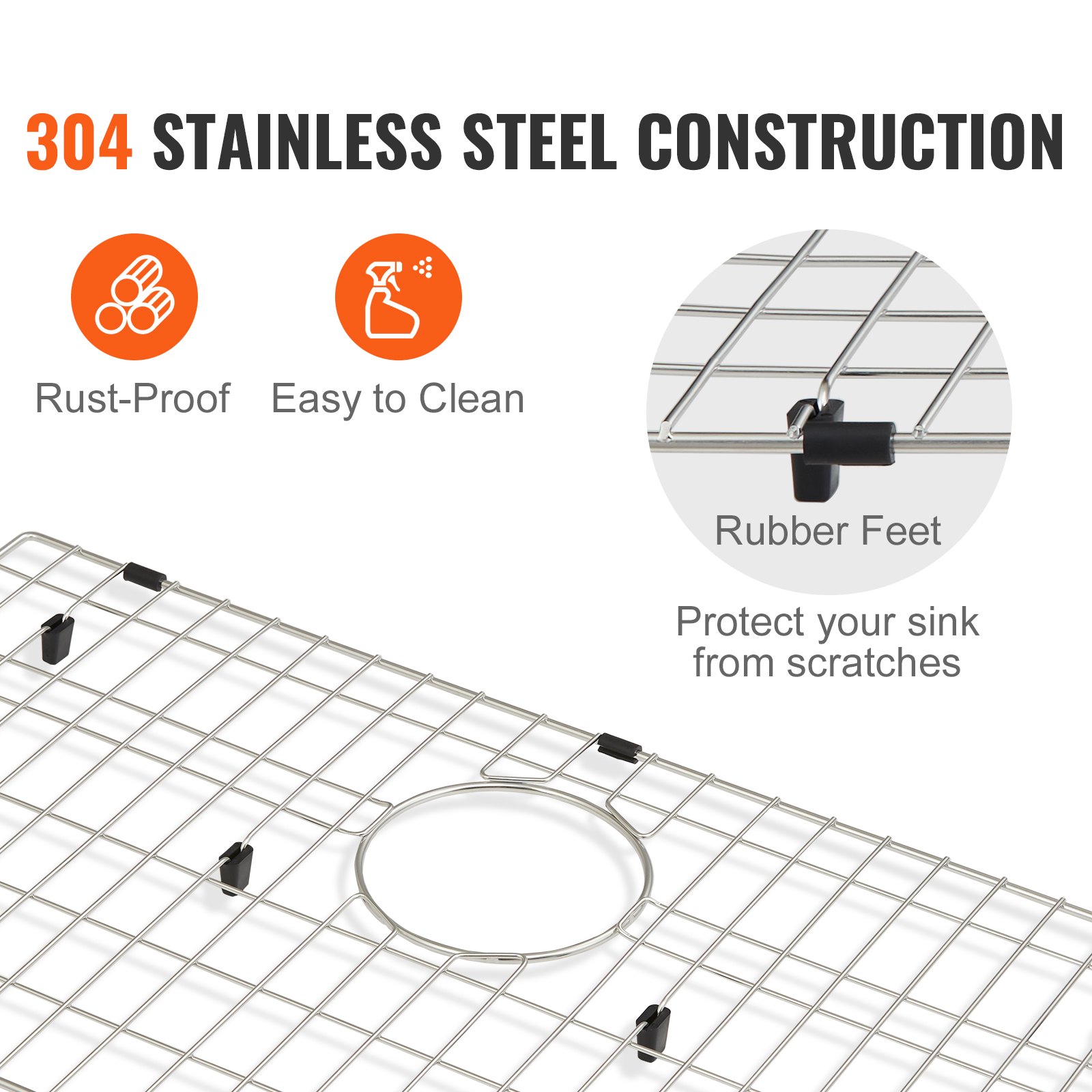 VEVOR sink protector grid made of 304 stainless steel, rust-proof, easy to clean, with rubber feet.