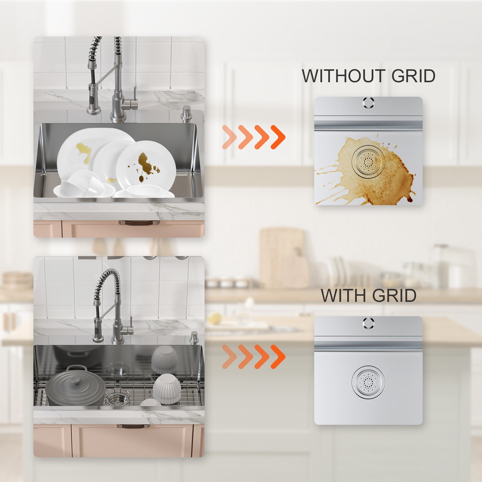 dirty dishes in sink without grid, clean sink with VEVOR sink protector grid preventing stains.