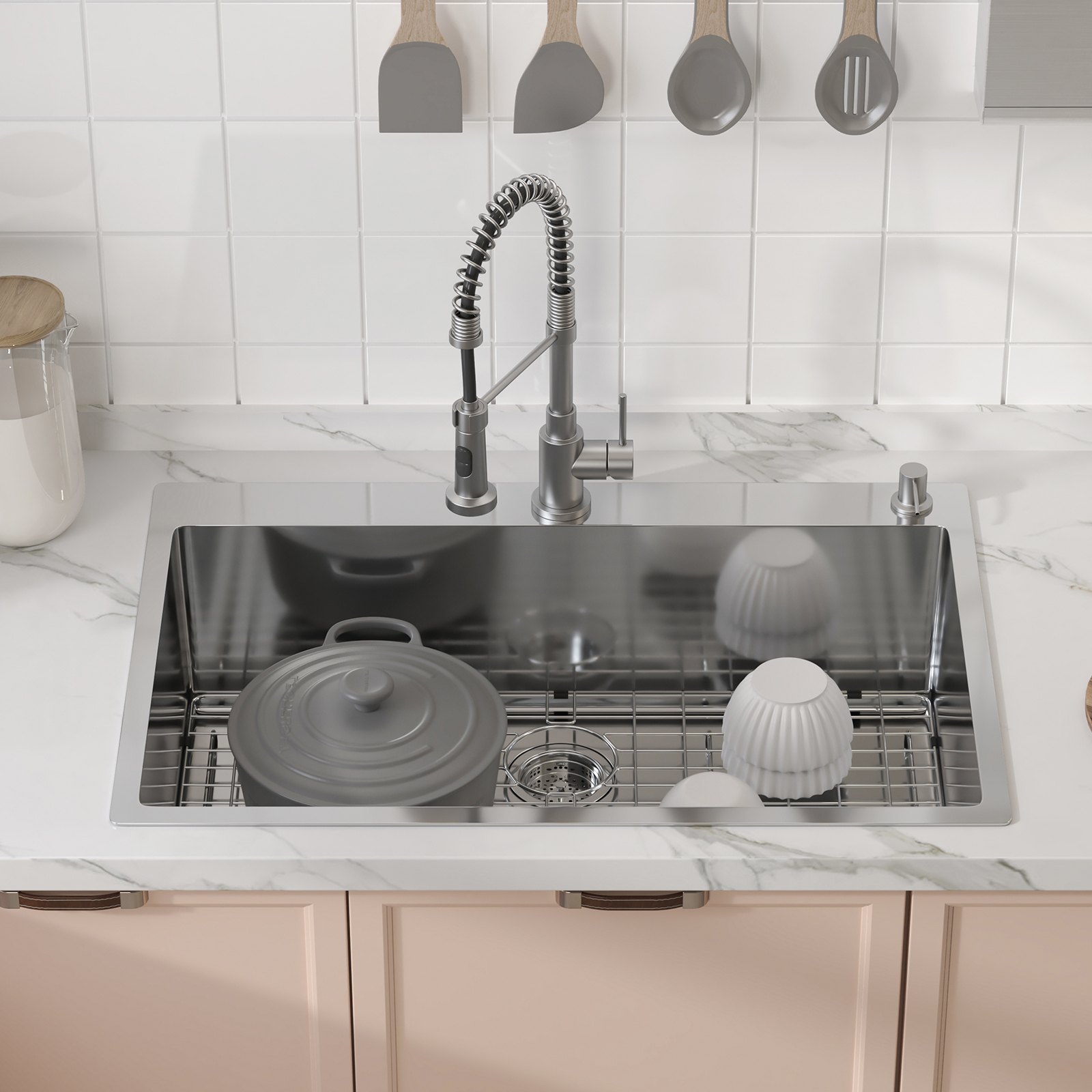 modern kitchen with VEVOR sink protector grid, stainless steel faucet, and marble countertop.
