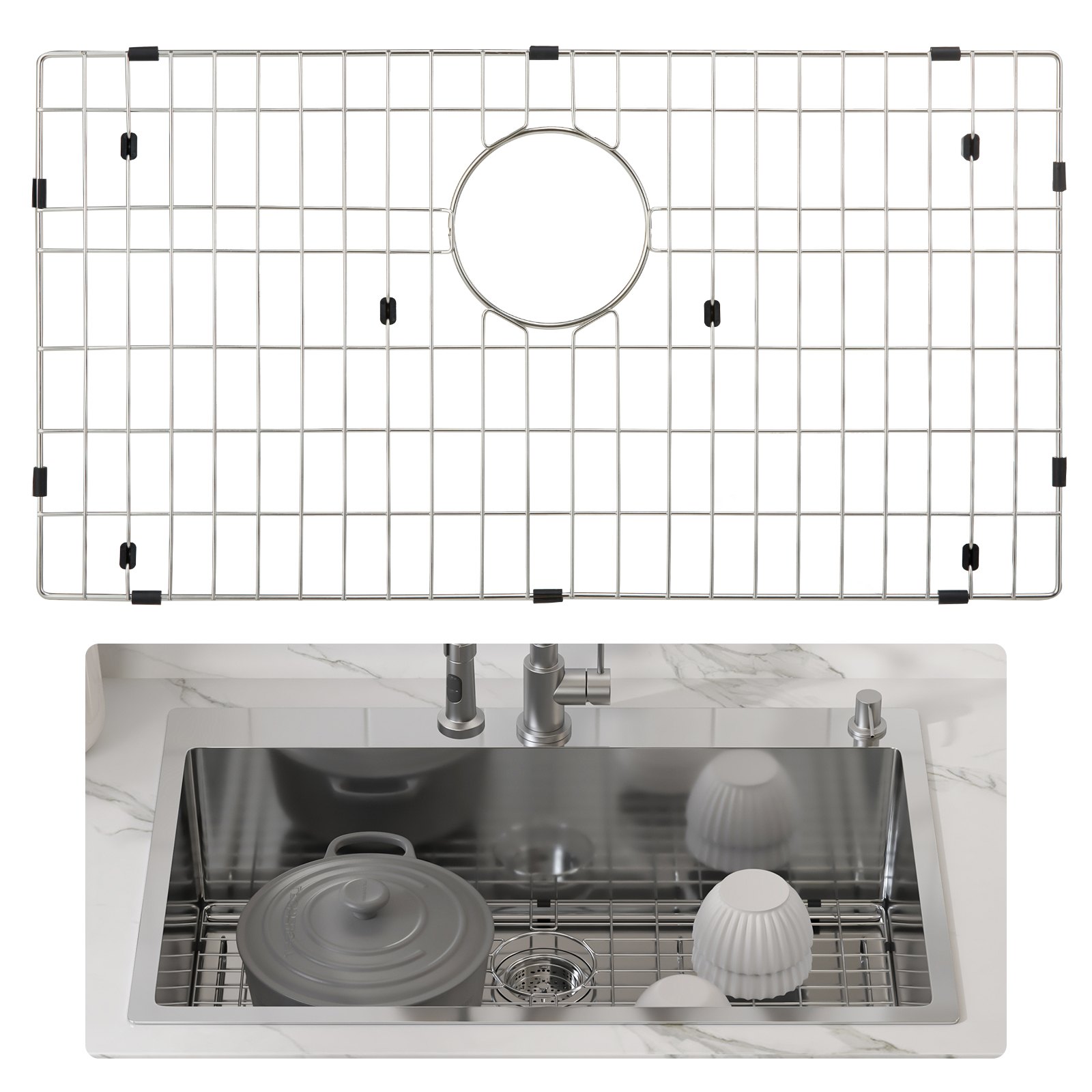 VEVOR sink protector grid in stainless steel over a modern kitchen sink with pots and cups.