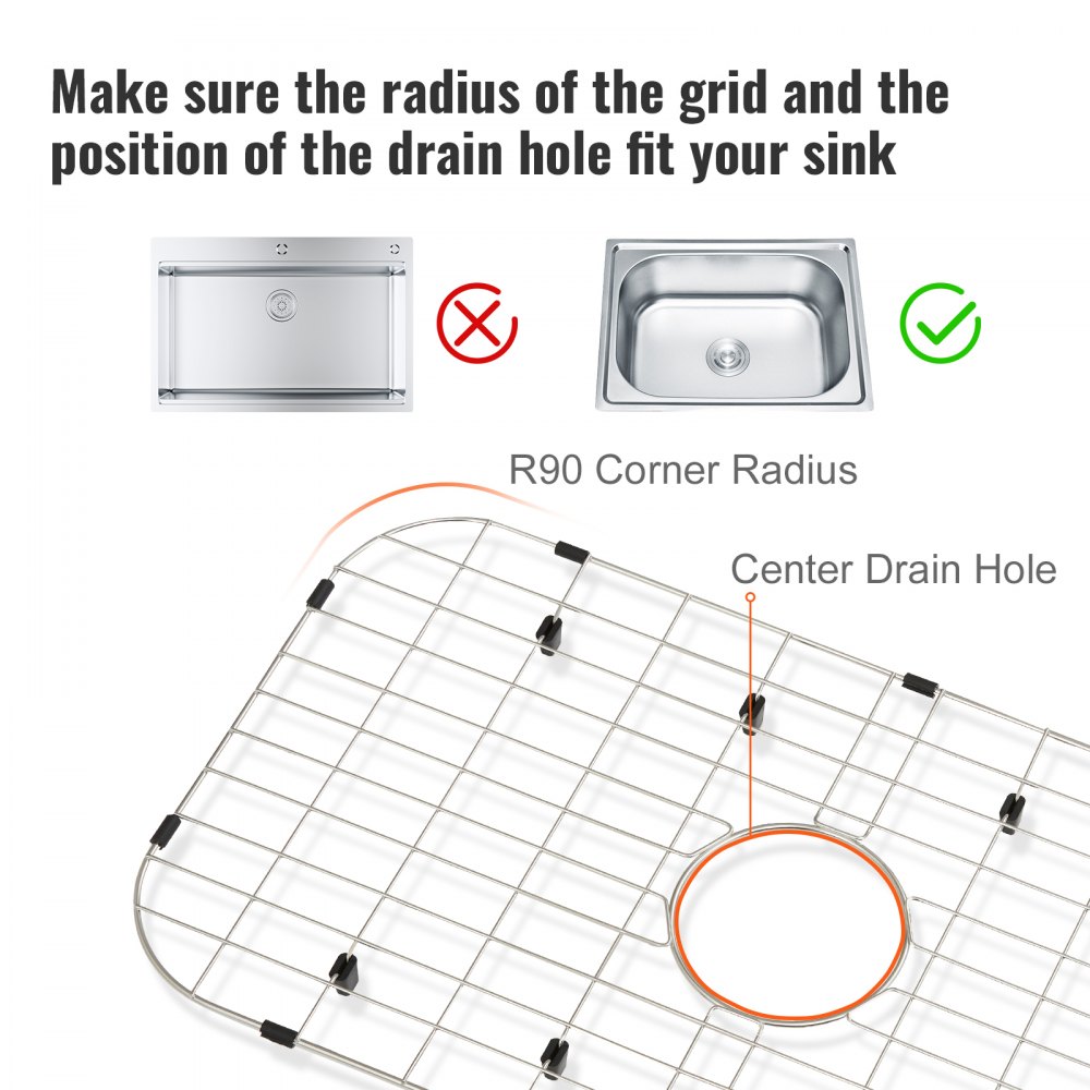 VEVOR Sink Protector Grid, 26"x14" Stainless Steel Sink Grates, Centered Drain Sink Grates with R90 Corner Radius, Large Sink Bottom Grids, Universal Bowl Rack Sink Accessory For Kitchen Sink, Silver
