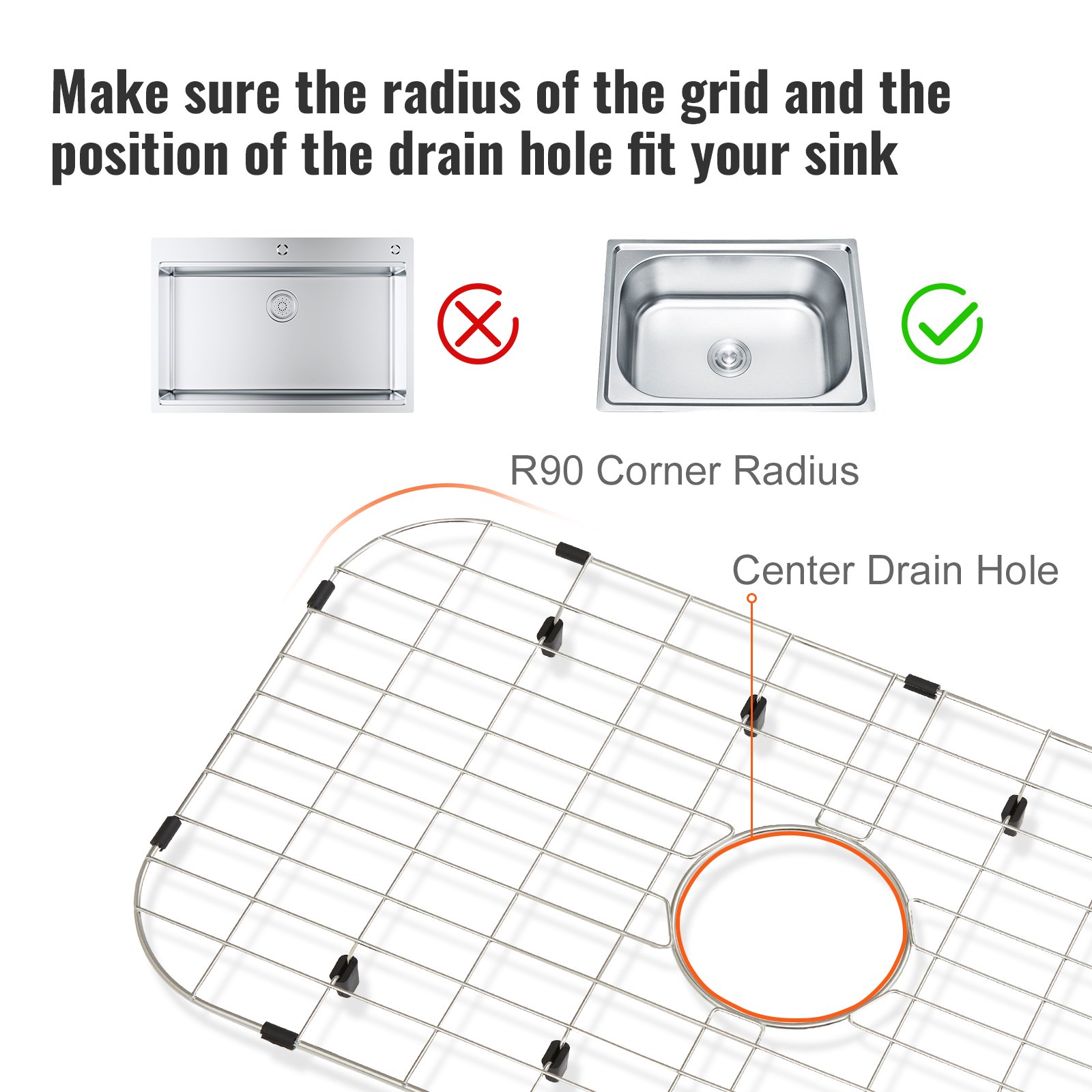 VEVOR Sink Protector Grid, 26"x14" Stainless Steel Sink Grates, Centered Drain Sink Grates with R90 Corner Radius, Large Sink Bottom Grids, Universal Bowl Rack Sink Accessory For Kitchen Sink, Silver