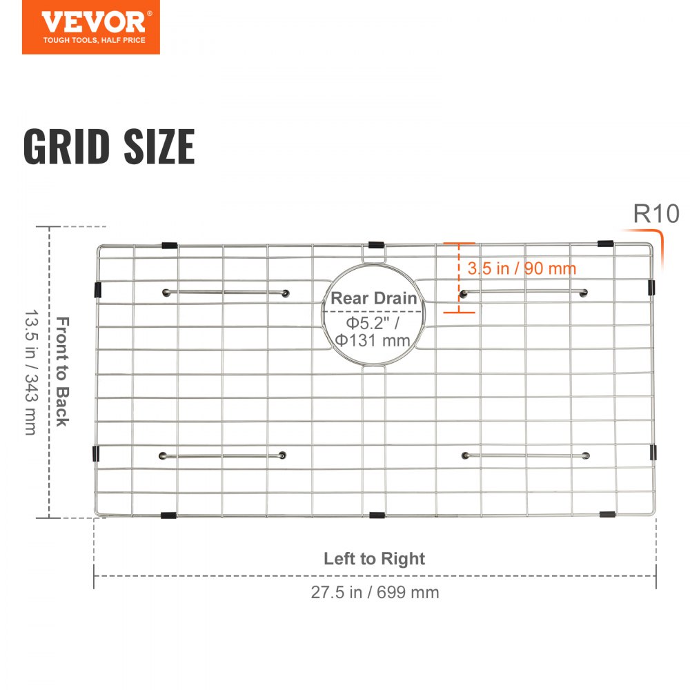 VEVOR Sink Protector Grid 27.5x13.5 Stainless Steel Sink Grates Rear Drain Sink Grates with R5 Corner Radius Large Sink Bottom Grids Universal