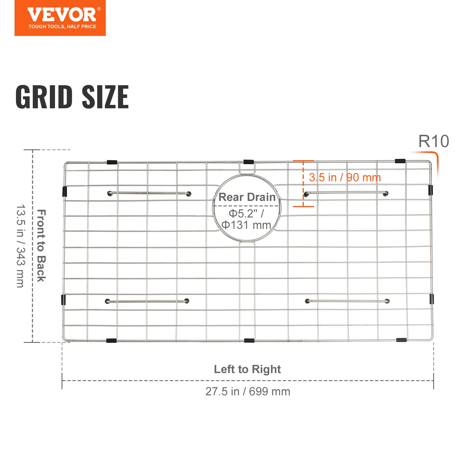 VEVOR sink protector grid, rear drain 5.2&quot;, 27.5 in x 13.5 in, labeled dimensions.