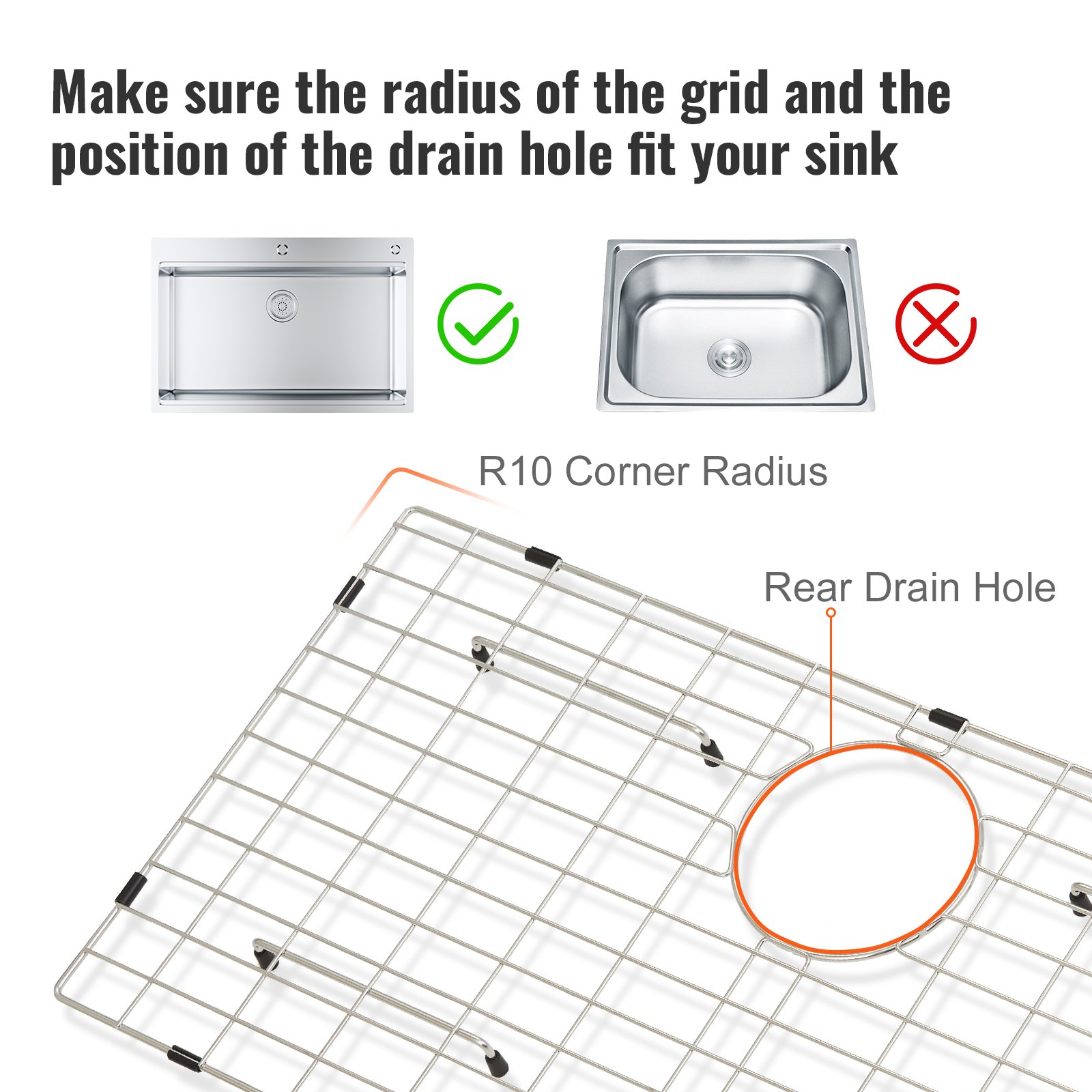 VEVOR sink protector grid with r10 corner radius and rear drain hole compatibility guide.