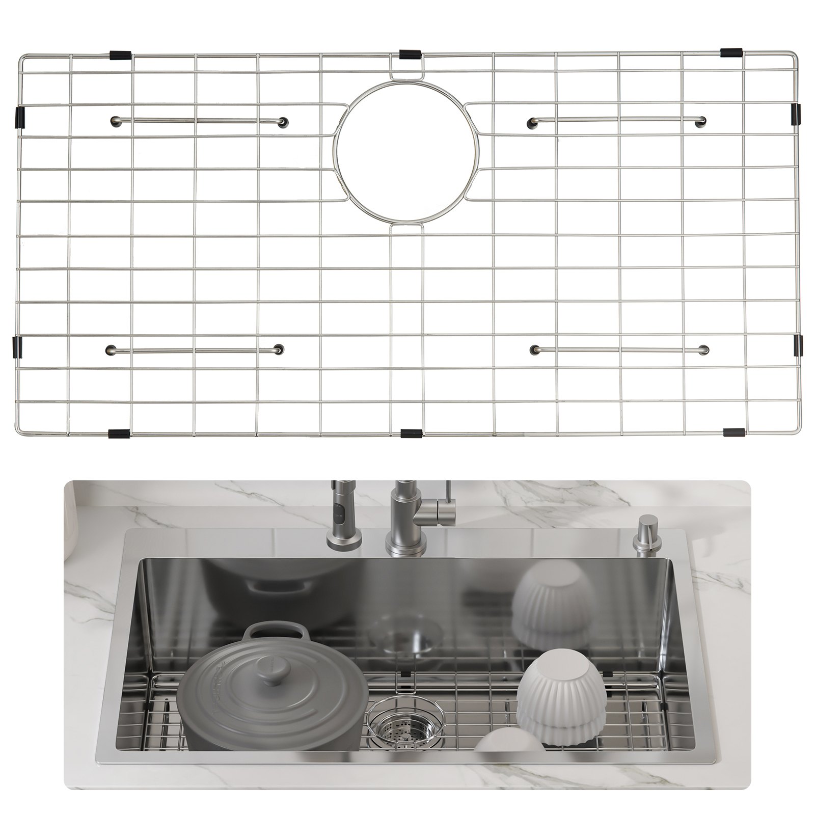 VEVOR sink protector grid on kitchen sink with clean dishes and modern faucet.