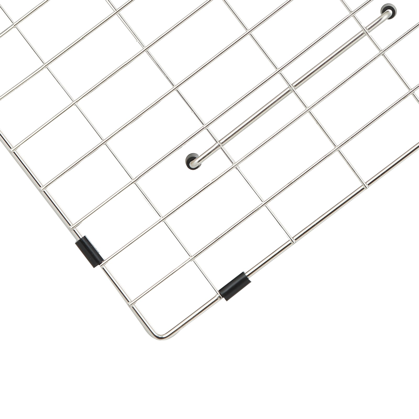 stainless steel VEVOR sink protector grid with black bumpers and a central drain hole.