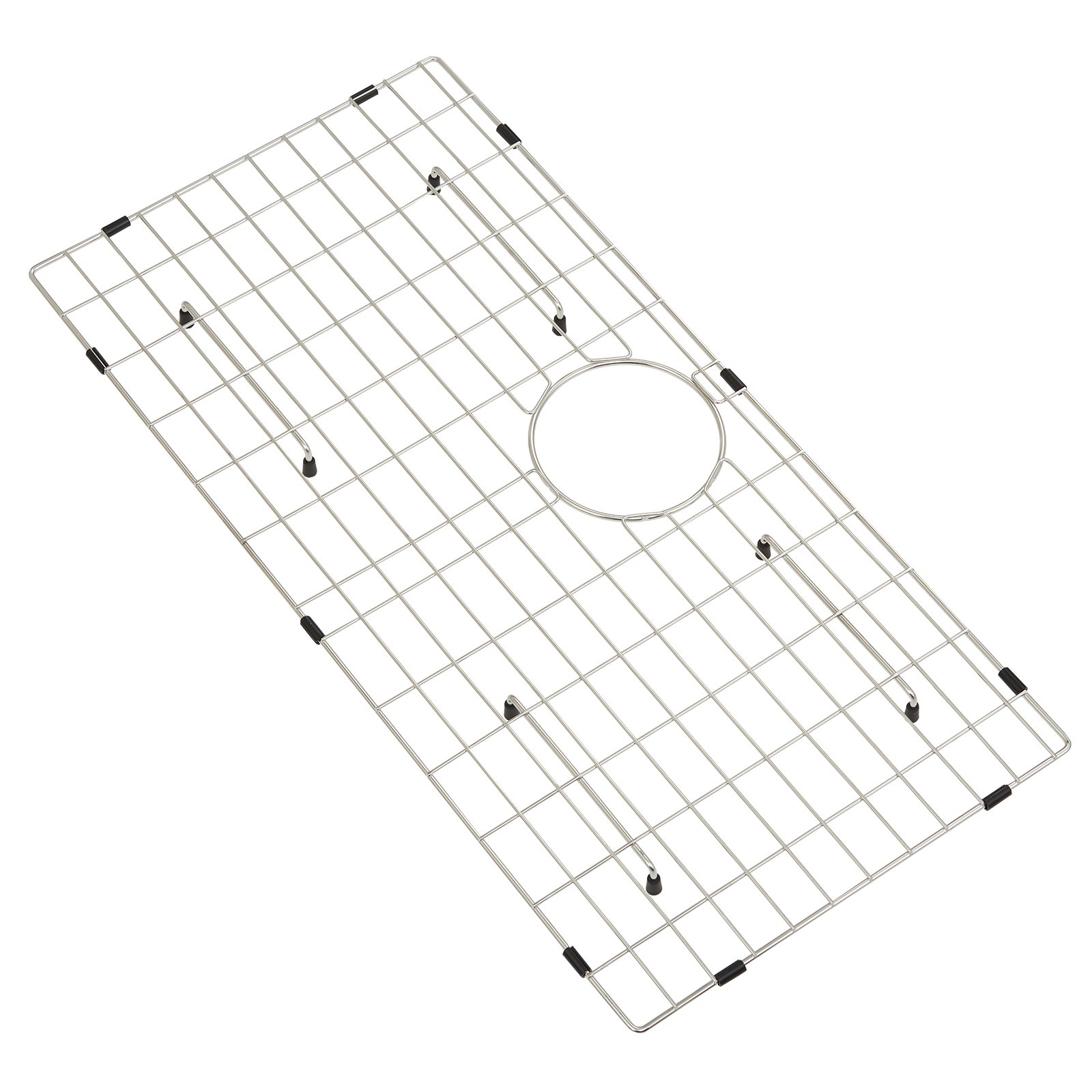 stainless steel VEVOR sink protector grid with black corner bumpers and center drain hole.