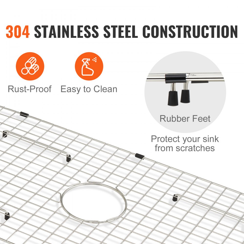 VEVOR sink protector grid: 304 stainless steel, rust-proof, easy to clean, rubber feet to prevent scratches.