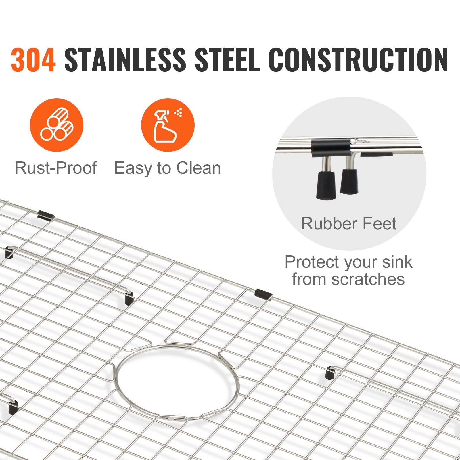 VEVOR sink protector grid: 304 stainless steel, rust-proof, easy to clean, rubber feet to prevent scratches.