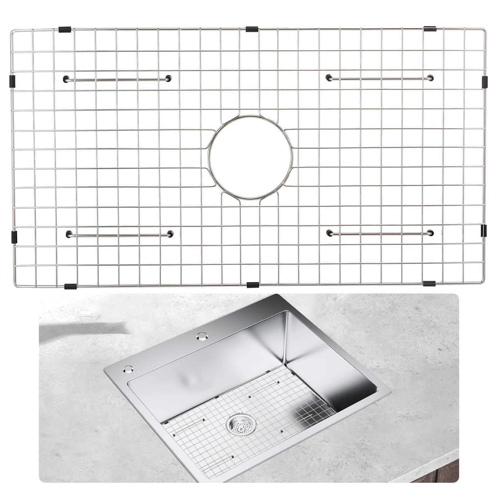 VEVOR sink protector grid over a rectangular stainless steel sink on a gray countertop.