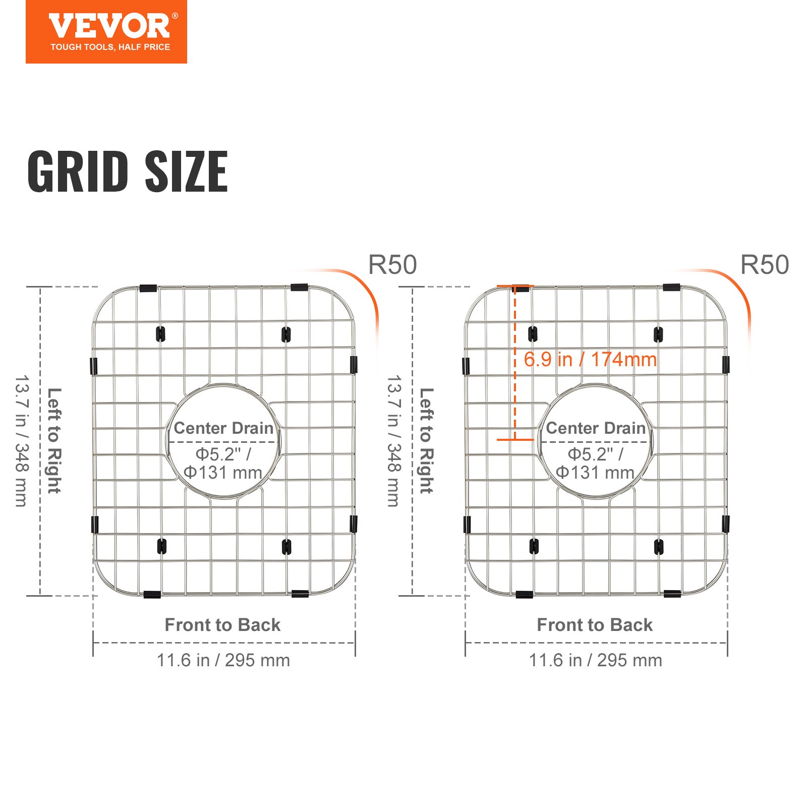 VEVOR Sink Protector Grid 2PCS, 13.7"x11.6" Stainless Steel Sink Grates, Centered Drain Sink Grates with R50 Corner Radius, Large Sink Bottom Grids, Universal Bowl Rack Sink Accessory For Kitchen