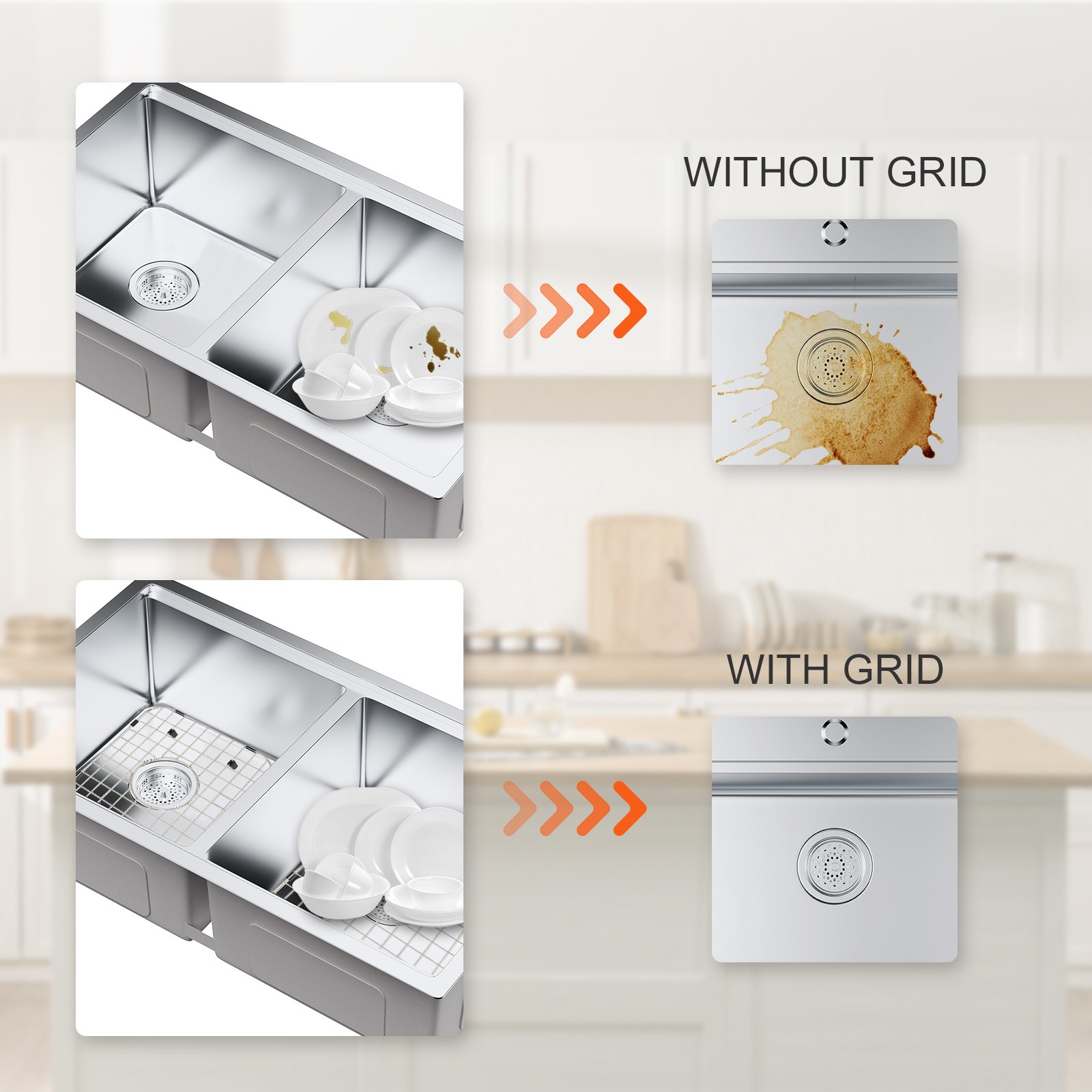VEVOR Sink Protector Grid 2PCS, 13.7"x11.6" Stainless Steel Sink Grates, Centered Drain Sink Grates with R50 Corner Radius, Large Sink Bottom Grids, Universal Bowl Rack Sink Accessory For Kitchen