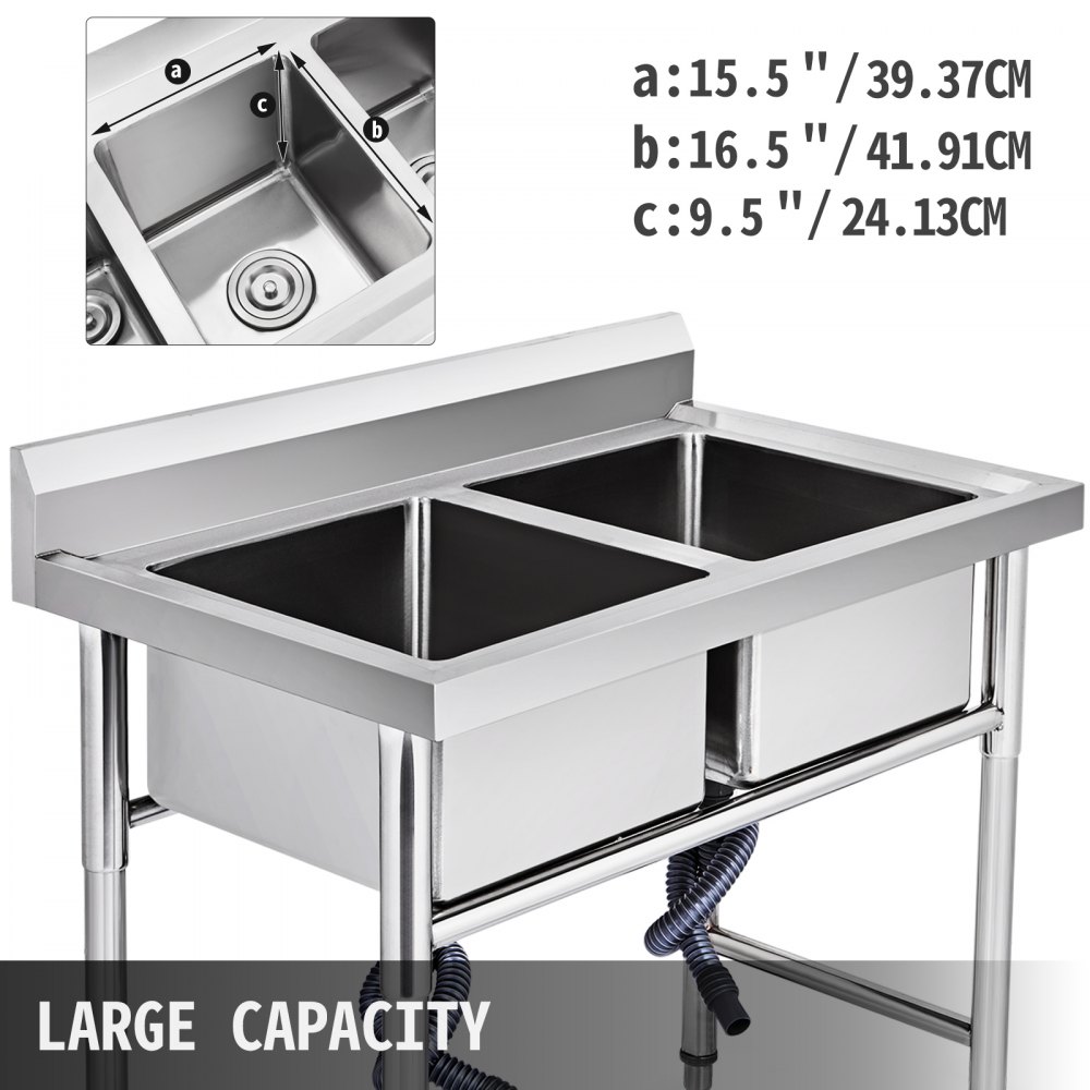 Fregadero de acero inoxidable de dos compartimentos de 39”x23.5” Servicio de delantal comercial