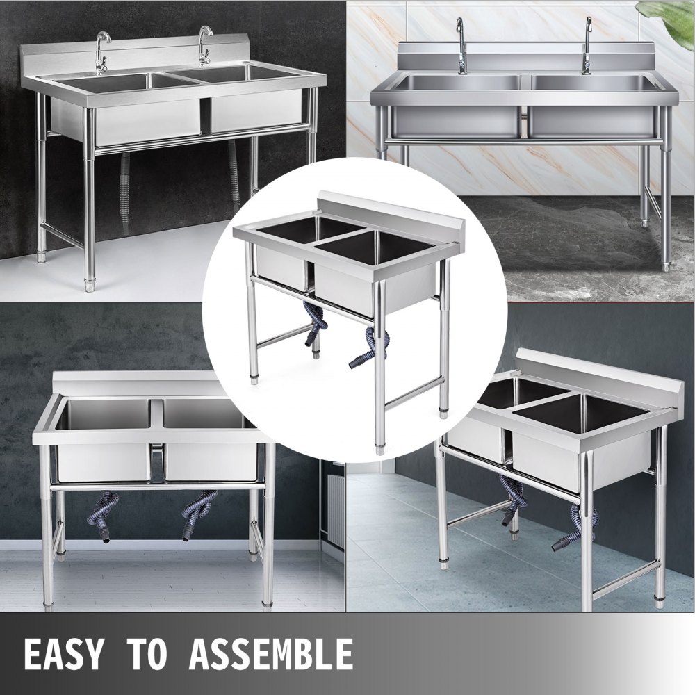Fregadero de acero inoxidable de dos compartimentos de 39”x23.5” Servicio de delantal comercial