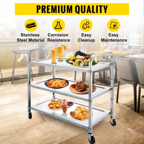 3 Shelf Stainless Steel Commercial Bus Cart Kitchen Food Serving Rolling Cart