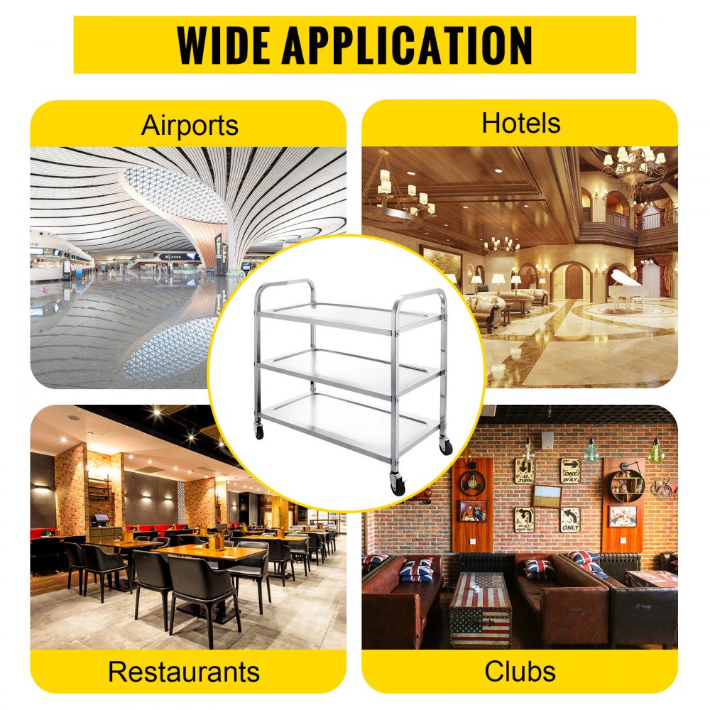 3 Shelf Stainless Steel Commercial Bus Cart Kitchen Food Serving Rolling Cart