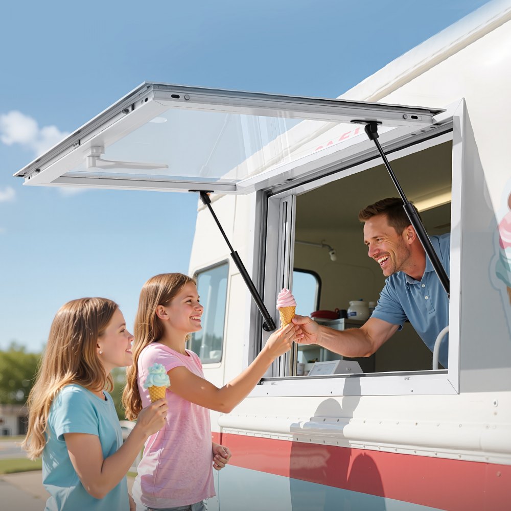 VEVOR Concession Window 92x61 cm, Aluminum Alloy Service Window for Food Truck, Up to 85 Degrees Stand Serving Window with 2 Sliding Windows, Awning Door, and Drag Hook, for Concession Trailers