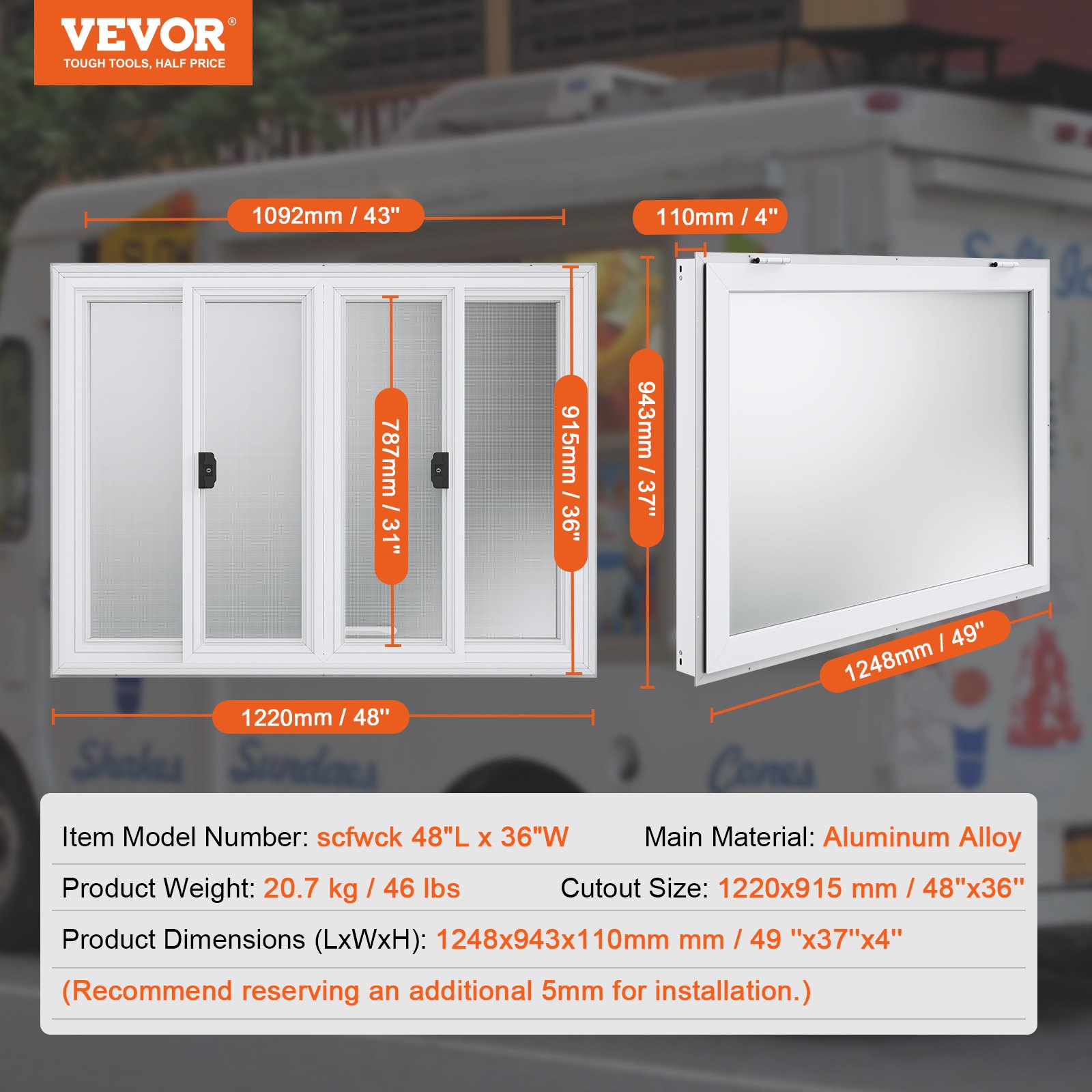 VEVOR 48"L x 36"W Koncesionářský stojan Obslužné okno Food Truck Servisní markýza