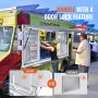 food truck with VEVOR concession window featuring handle with a door lock, and comparison graphics.