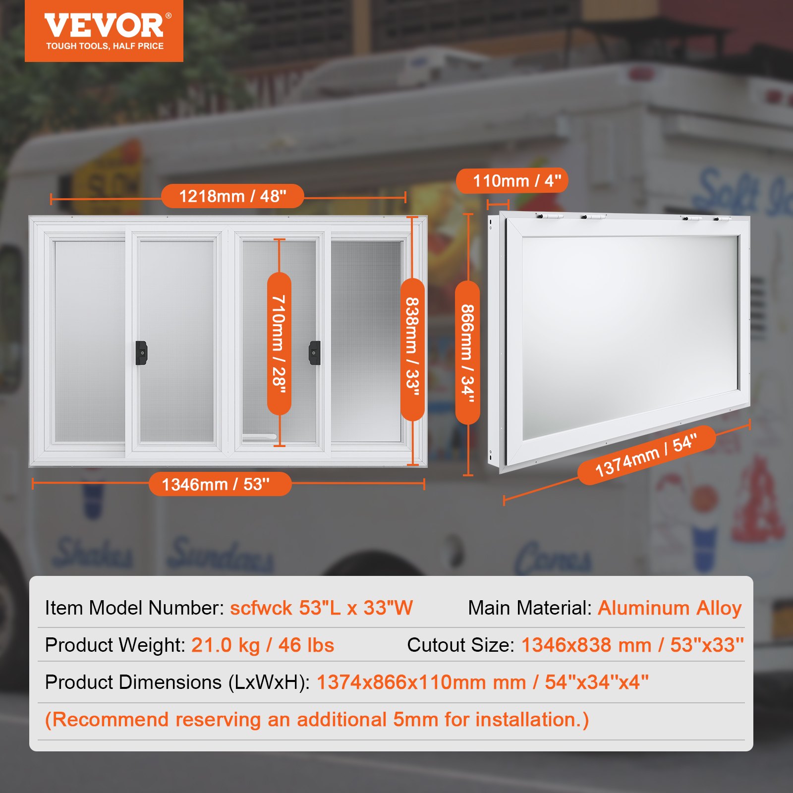 VEVOR 53"x33" Service Window, Aluminum Food Truck Serving Window with 4 Sliding Panels, Awning Door & Hook, Opens to 85 Degrees for Concession Trailers