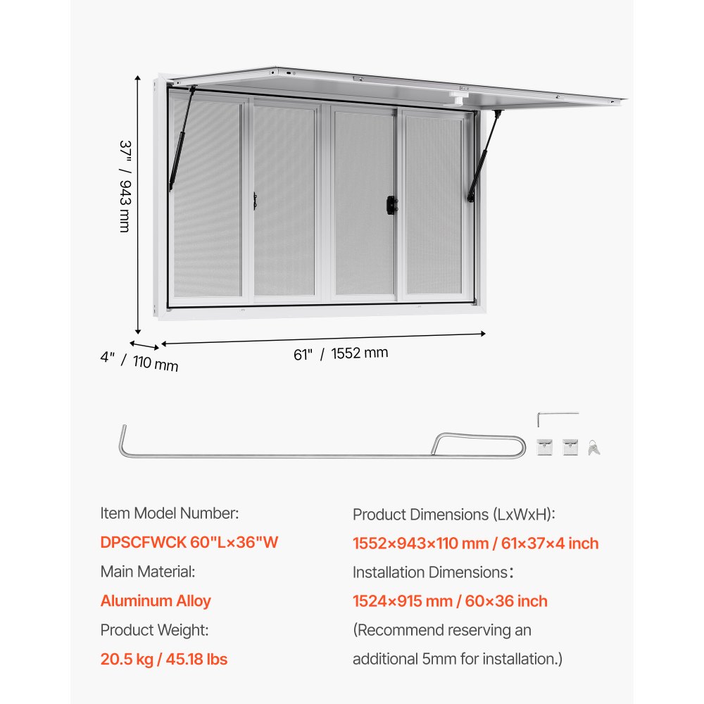 VEVOR Concession Window 152x92 cm, Aluminum Alloy Service Window for Food Truck, Up to 85 Degrees Stand Serving Window with 4 Sliding Windows, Awning Door, and Drag Hook, for Concession Trailers