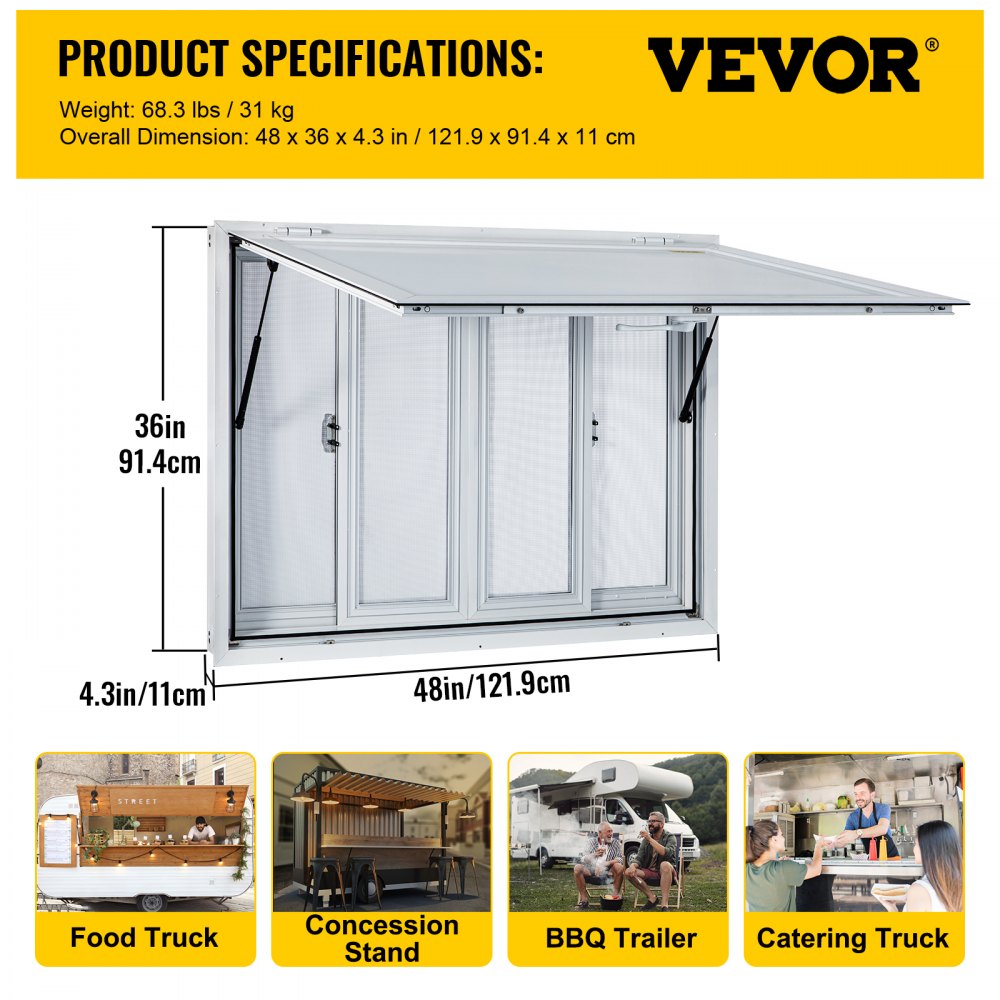VEVOR Concession Window, 48 x 36 inch, Aluminum Alloy Food Truck Service Window with 4 Horizontal Sliding Screen Windows & Awning Door & Drag Hook, Serving Window for Food Trucks Concession Trailers