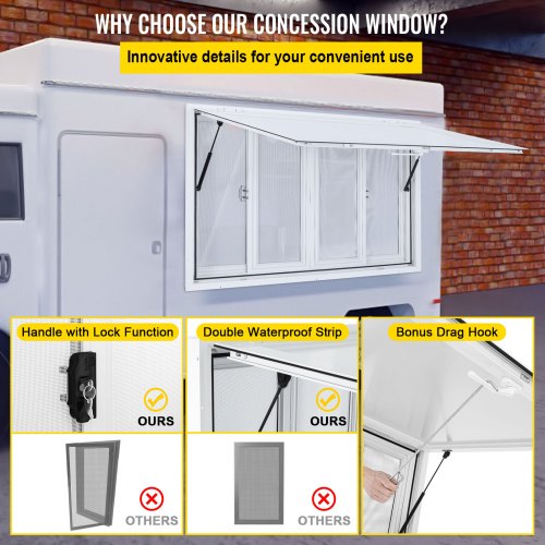 VEVOR Concession Window, 53 x 33 inch, Aluminum Alloy Food Truck Service Window with 4 Horizontal Sliding Screen Windows & Awning Door & Drag Hook, Serving Window for Food Trucks Concession Trailers