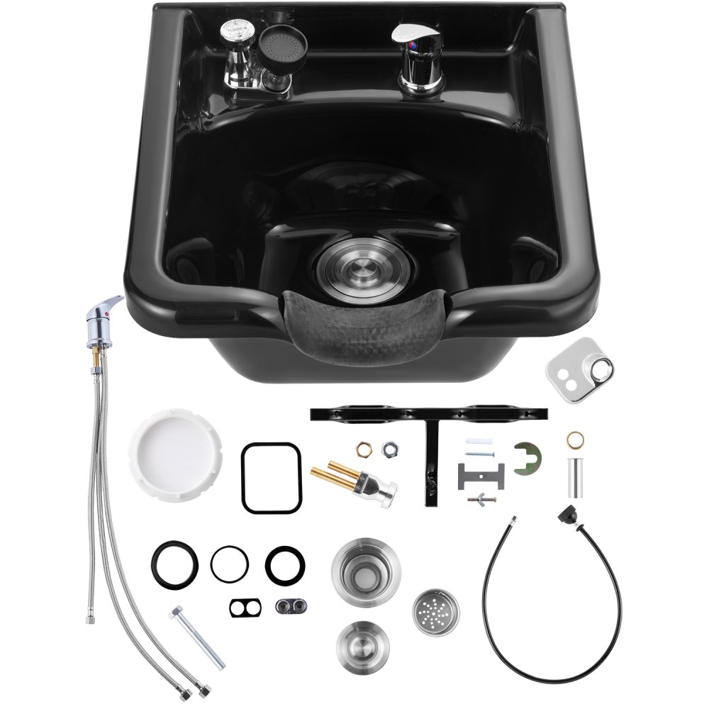 black VEVOR shampoo bowl with faucets, hoses, screws, and plumbing accessories.