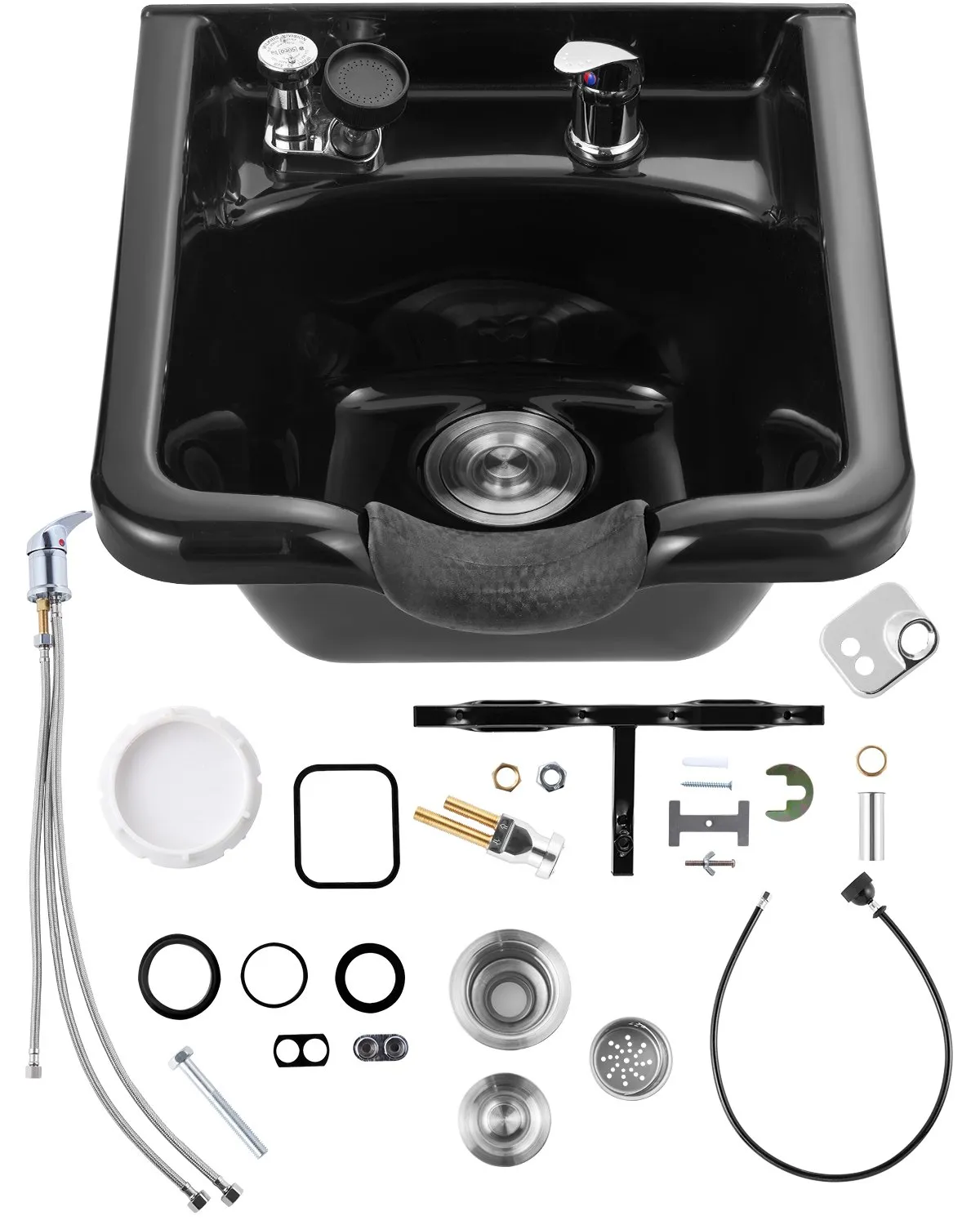 black VEVOR shampoo bowl with faucets, hoses, screws, and plumbing accessories.