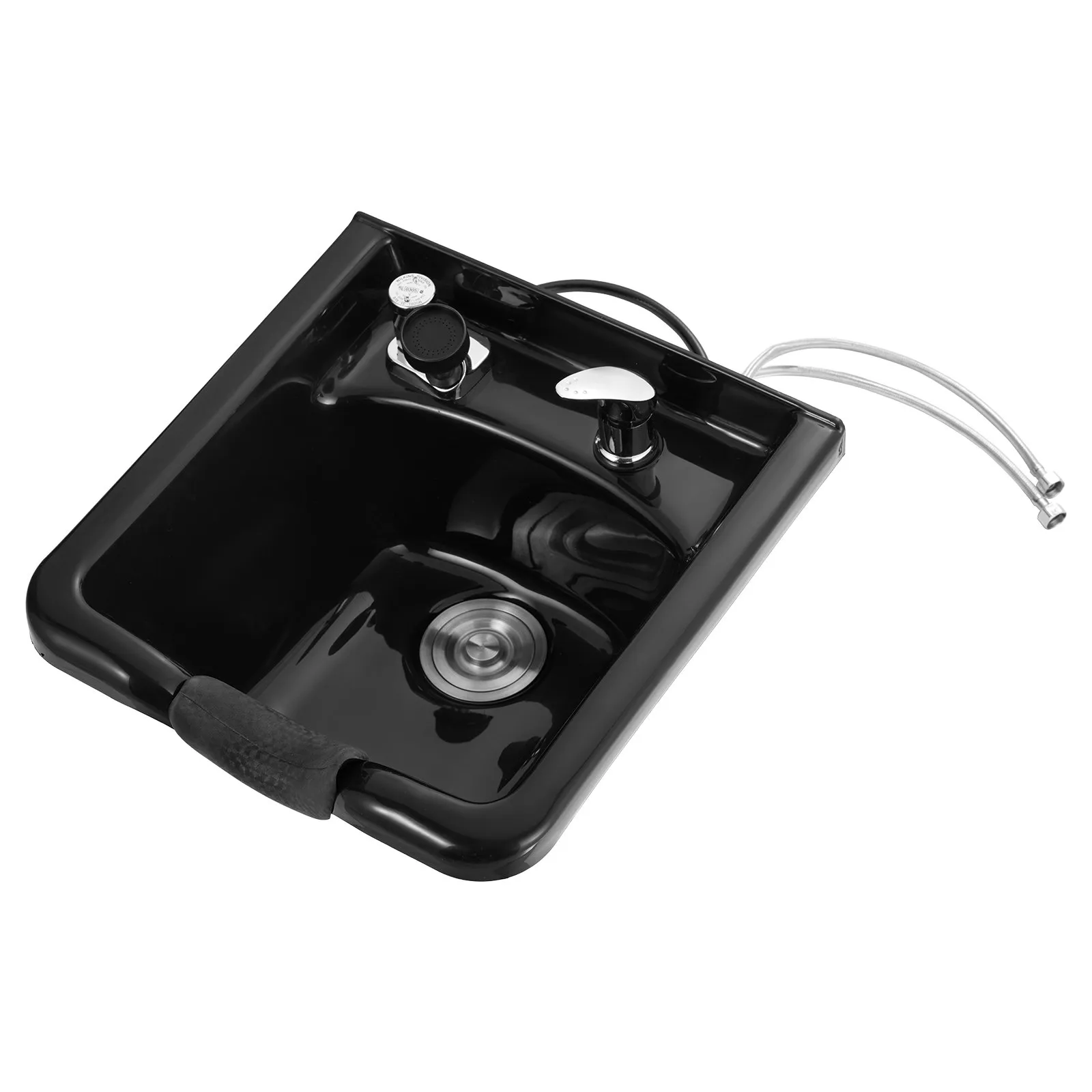 VEVOR shampoo bowl in black with faucet and drain attachments.
