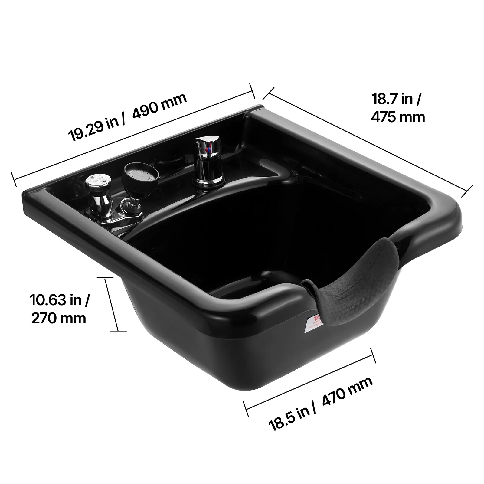 black VEVOR shampoo bowl with chrome faucet, 19.3&quot; x 18.9&quot; dimensions.