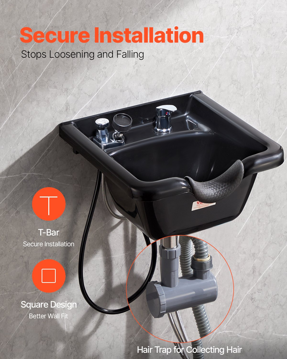 VEVOR Shampoo Bowl, ABS Plastic Shampoo Sink for Salons and Home, Easy to Clean and Install Salon Shampoo Bowls for Hair Stylists, Shampoo Sink for Spa Center, Barbershop and Beauty Salon Use, Black