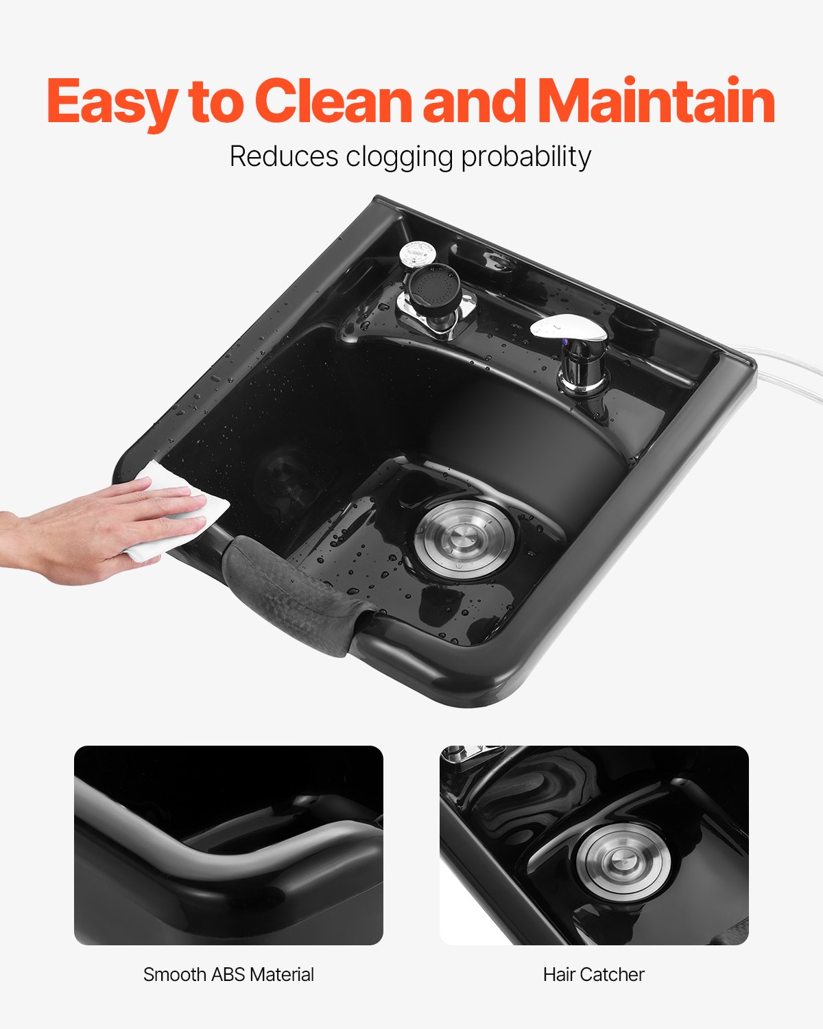 VEVOR Shampoo Bowl, ABS Plastic Shampoo Sink for Salons and Home, Easy to Clean and Install Salon Shampoo Bowls for Hair Stylists, Shampoo Sink for Spa Center, Barbershop and Beauty Salon Use, Black