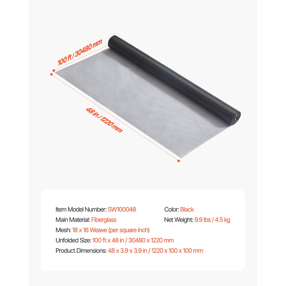 VEVOR Window Screen Replacement, 100 ft × 48 in Window Screen Mesh, DIY Adjustable Fiberglass Screen Mesh - Durable, Washable & Easy to Install, Window Screen Repair Kit for Patio Porch Door Windows