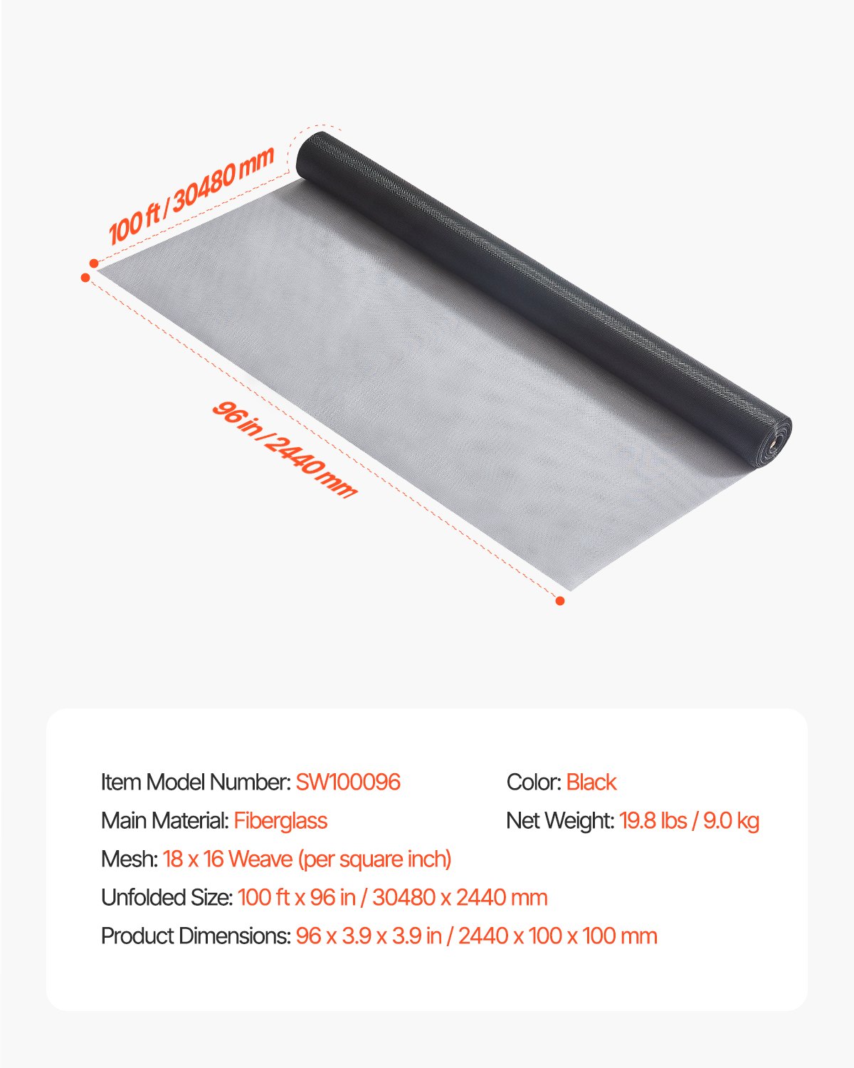 VEVOR Window Screen Replacement, 100 ft × 96 in Window Screen Mesh, DIY Adjustable Fiberglass Screen Mesh - Durable, Washable & Easy to Install, Window Screen Repair Kit for Patio Porch Door Windows