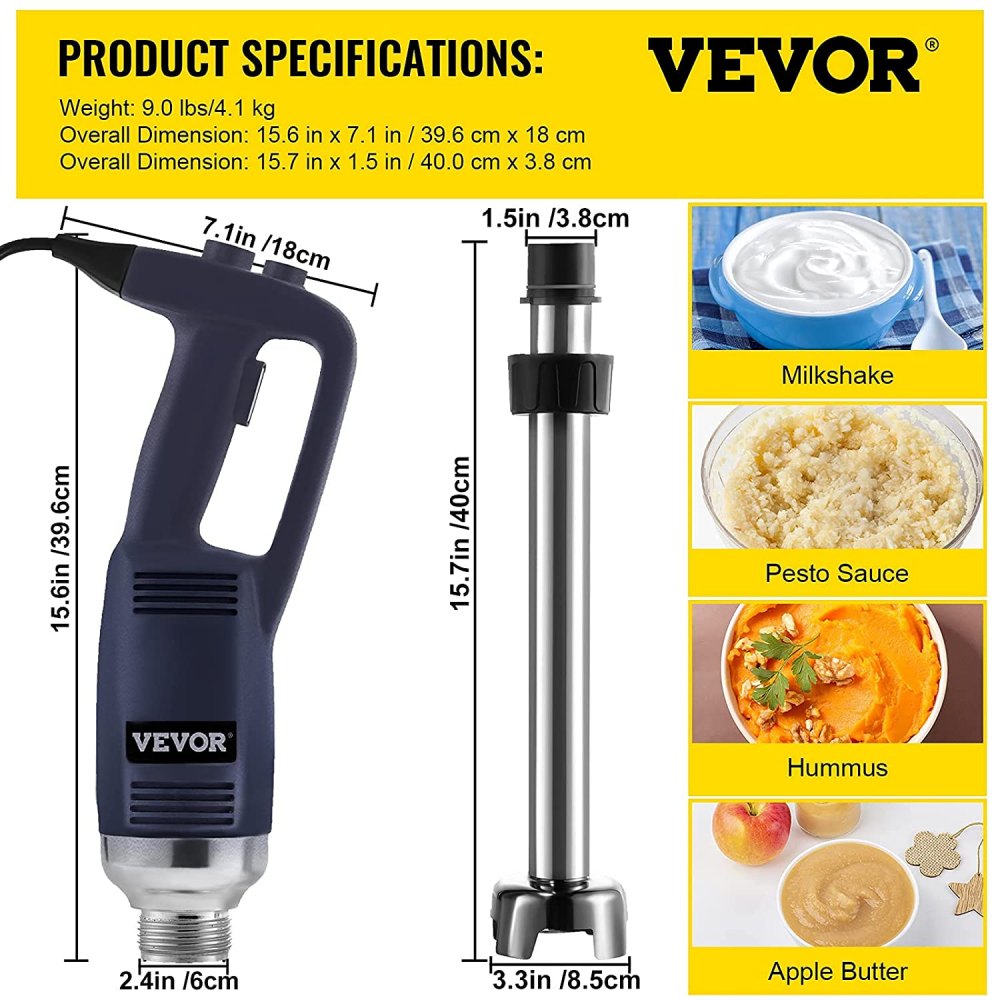 VEVOR Commercial Immersion Blender Variable Speed Heavy Duty Immersion Blender 750W Commercial Hand Mixer 304 Stainless Steel Hand Blender Commercial (15.8")