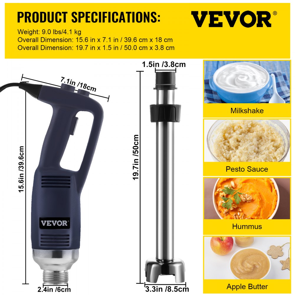 VEVOR Commercial Immersion Blender Variable Speed Heavy Duty Immersion Blender 750W Commercial Hand Mixer 304 Stainless Steel Hand Blender Commercial (19.7")