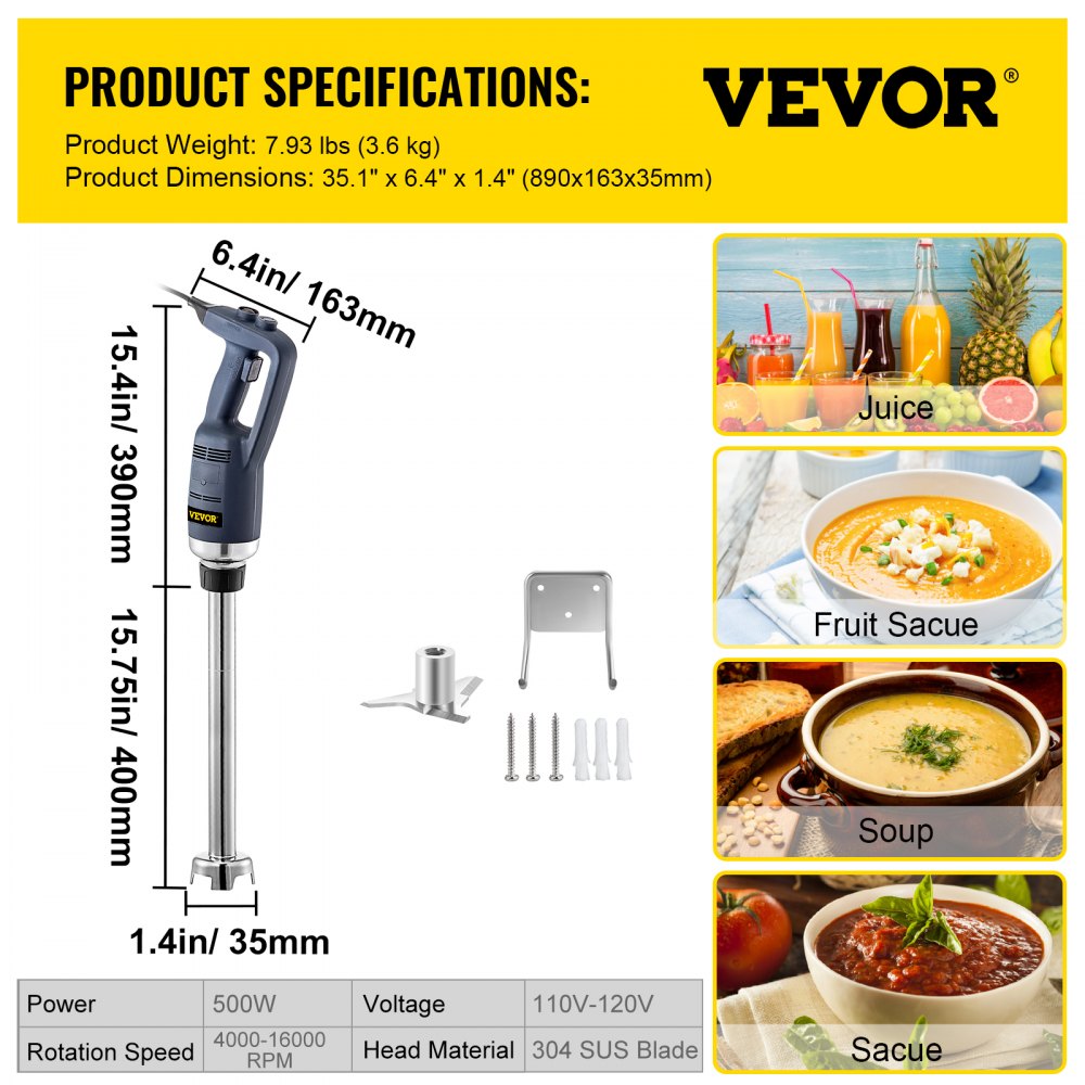 VEVOR Commercial Immersion Blender 500W Variable Speed Commercial Hand Blender with 15.7-Inch Blender Shaft Industrial Immersion Blender Hand Immersion Blender for Commercial Use