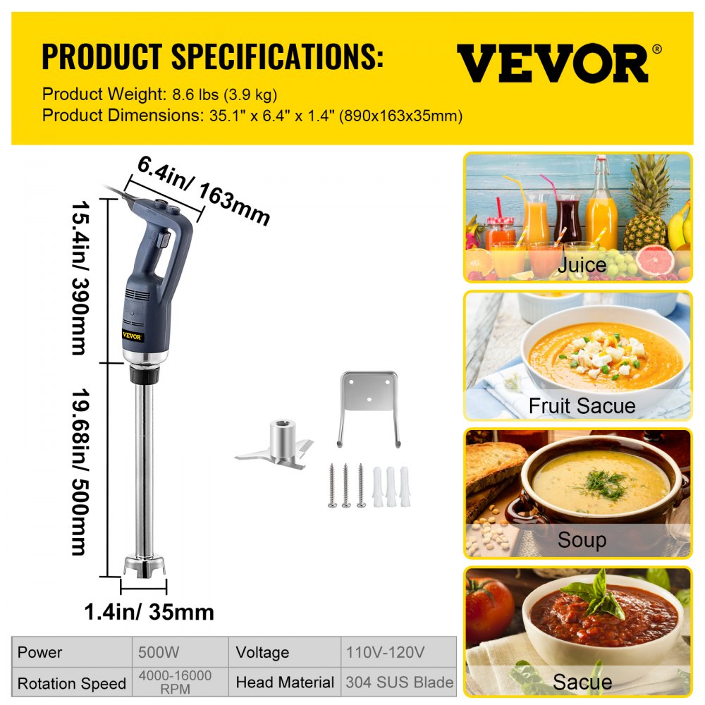 VEVOR Commercial Immersion Blender 500W Power, Hand Held Mixer with 19.7-Inch 304 Stainless Steel Removable Shaft, Electric Stick Blender Variable Speed 4000-16000RPM
